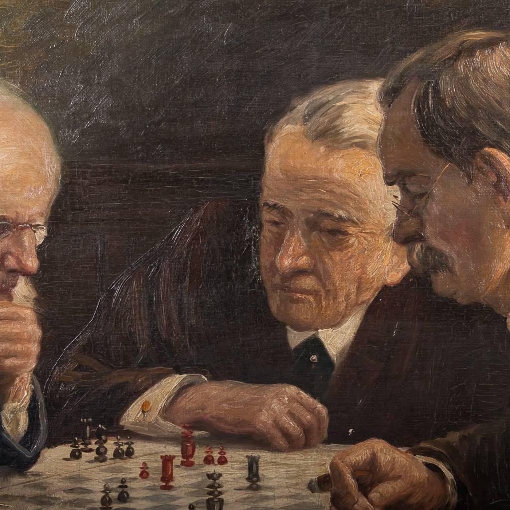 20th Century Signed Original Danish Oil Painting of Chess Players, Edmund Fischer, c.1920