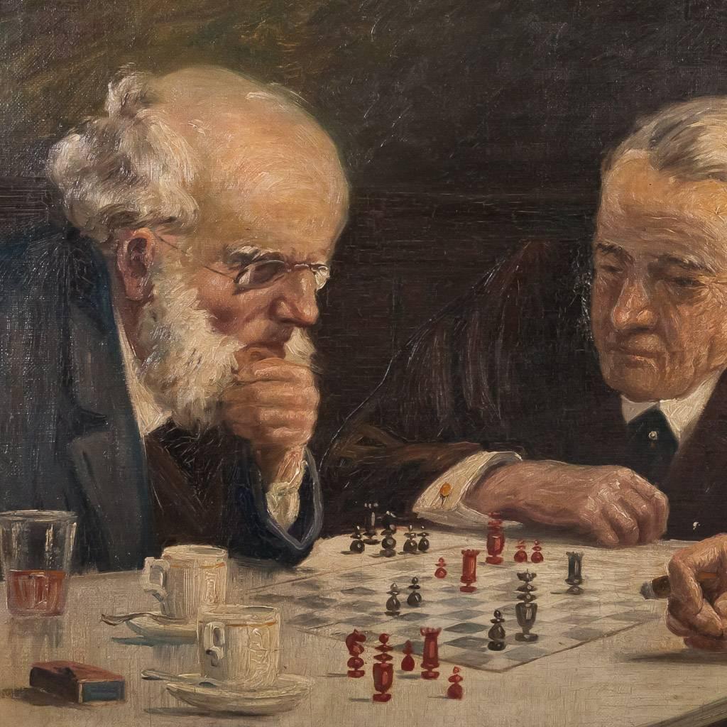 Signed Original Danish Oil Painting of Chess Players, Edmund Fischer, c.1920 In Good Condition In Round Top, TX