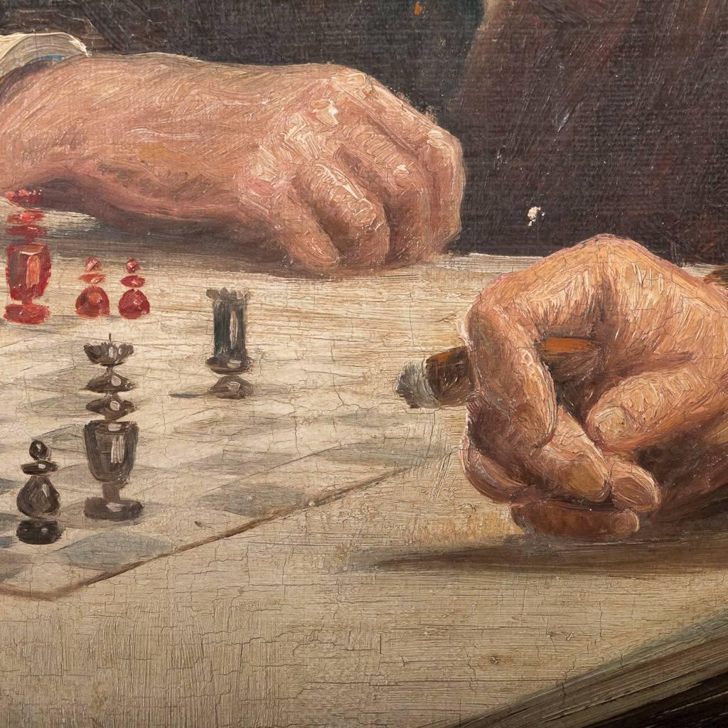 Signed Original Danish Oil Painting of Chess Players, Edmund Fischer, c.1920 1
