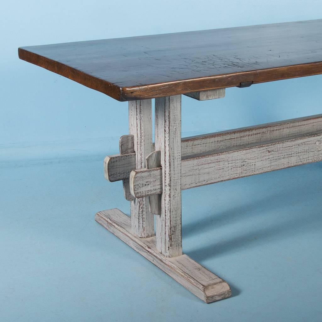 Danish Antique 19th Century European Harvest Table with Gray Painted Trestle Base