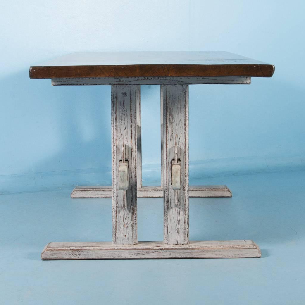 Antique 19th Century European Harvest Table with Gray Painted Trestle Base In Good Condition In Round Top, TX