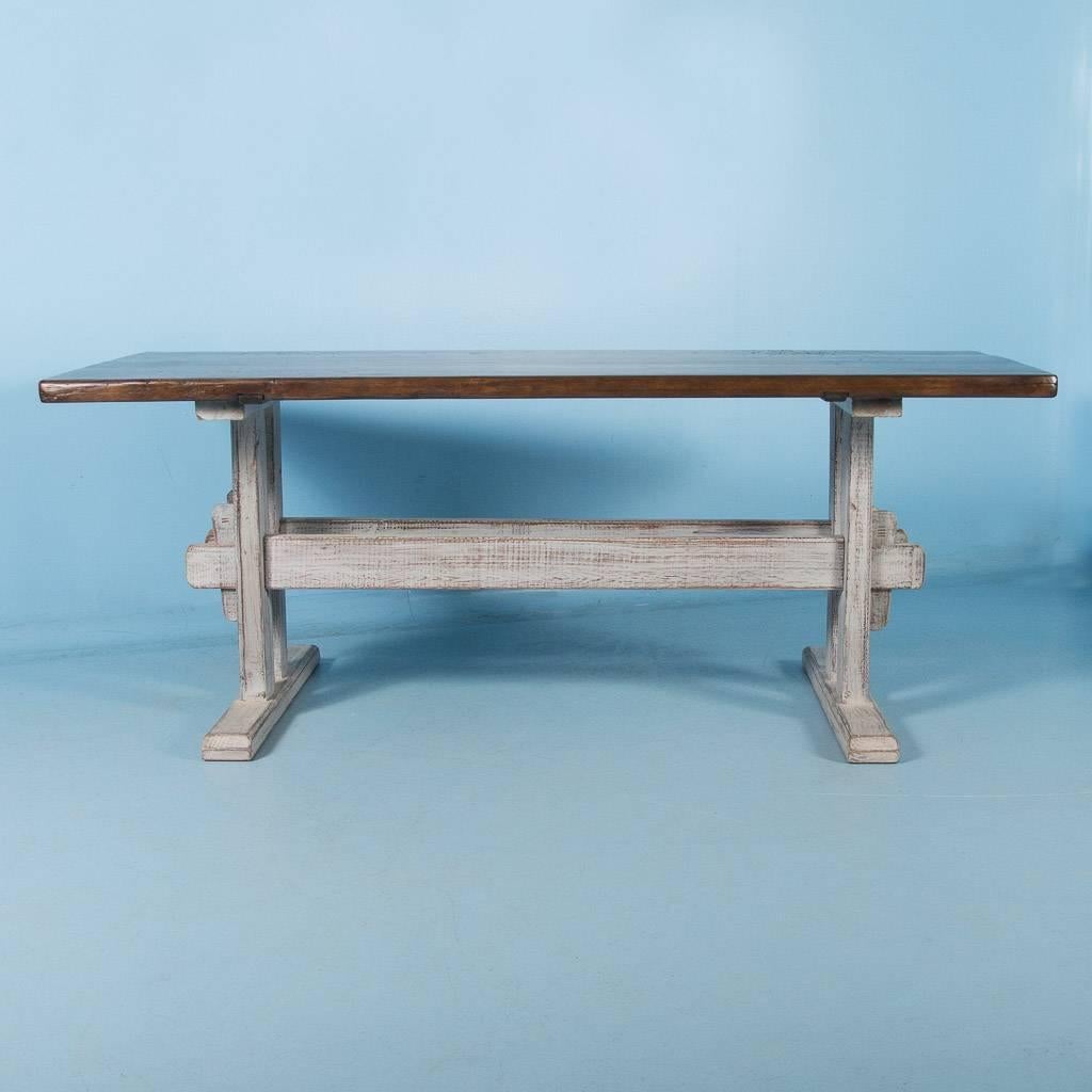 Antique 19th Century European Harvest Table with Gray Painted Trestle Base 1