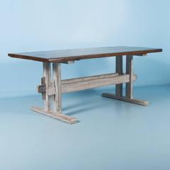 Antique 19th Century European Harvest Table with Gray Painted Trestle Base