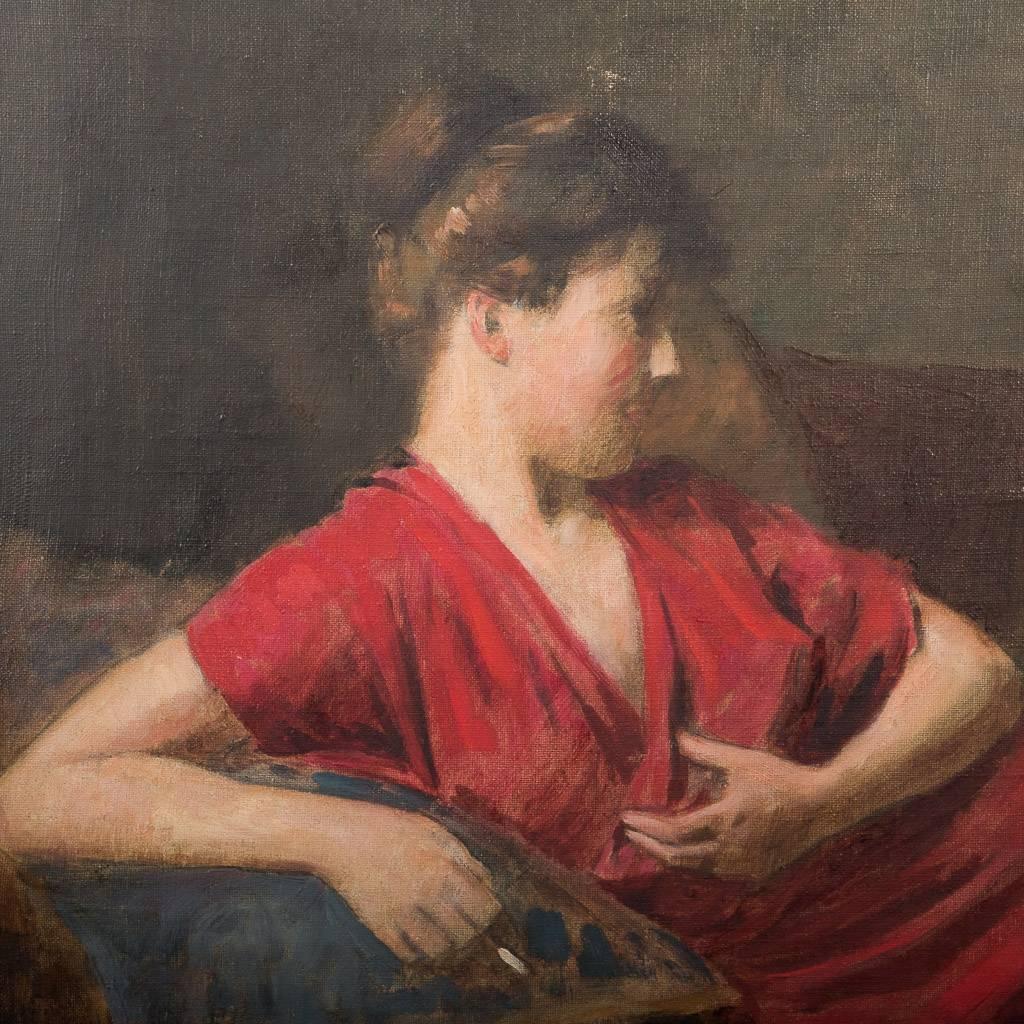 Hungarian Original 19th Century Antique Oil Painting, Portrait of a Reclining Lady in Red