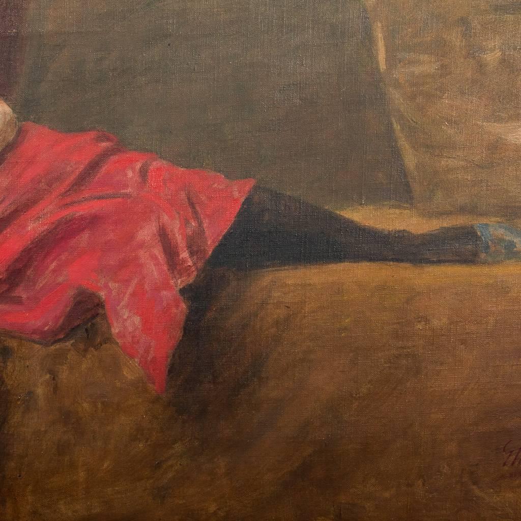 Original 19th Century Antique Oil Painting, Portrait of a Reclining Lady in Red In Good Condition In Round Top, TX