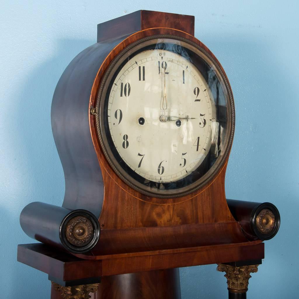 19th Century Antique German Biedermeier Grandfather Clock in Flame Mahogany In Good Condition In Round Top, TX