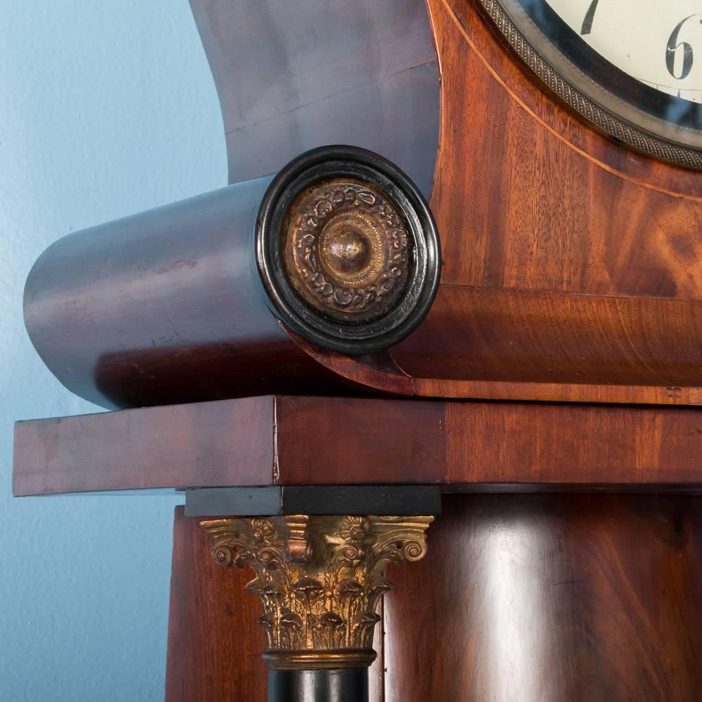 19th Century Antique German Biedermeier Grandfather Clock in Flame Mahogany 1