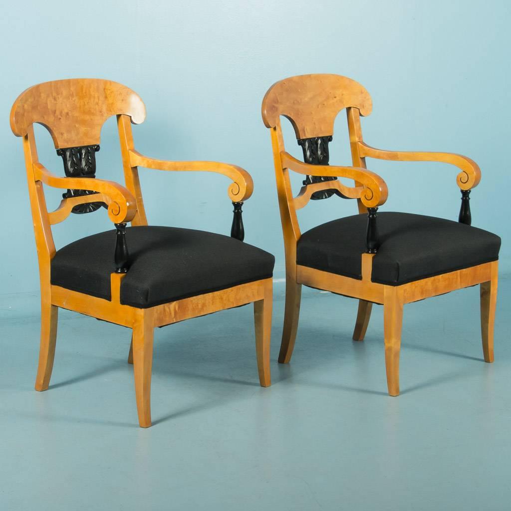 Pair of antique birch Biedermeier arm chairs from Sweden, circa 1880. The sloping back with scrolled arms in the flame birch are a Classic Swedish design of this period. The turned arm supports and carved back splat are painted black contrasting