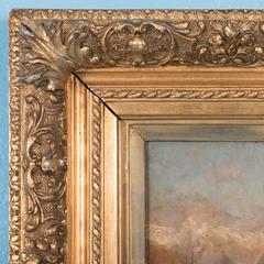 Antique 19th Century Landscape Oil Painting of a European Village and Mountains