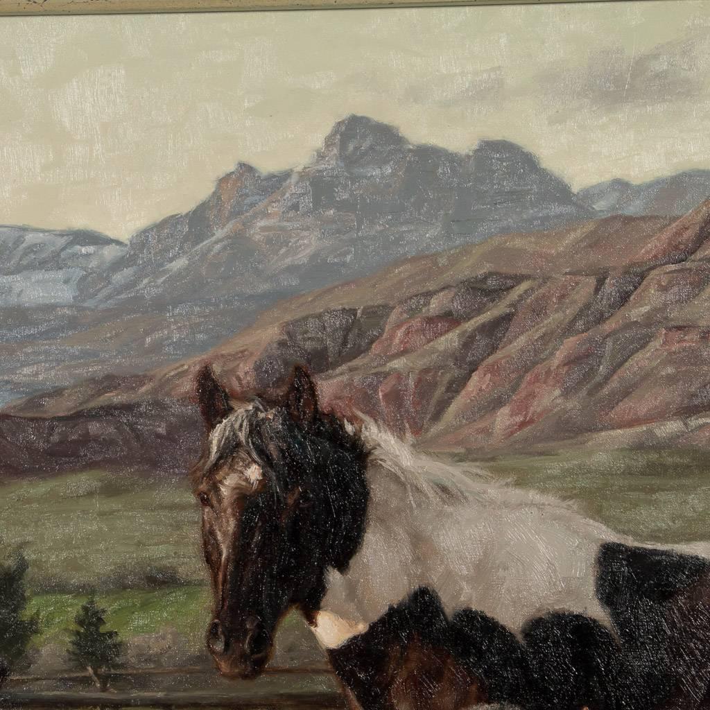 American Greg Beecham Original Oil Painting, Western Landscape with Pinto Horses