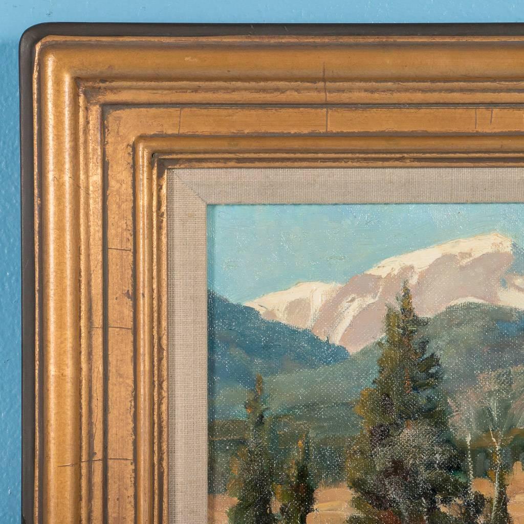 Oil on artist’s board landscape of snowcapped peaks in Rocky Mountain Nat’l Park, by Stephen Elliott. The painting is signed SC Elliott in the lower right and mounted in a giltwood frame. Stephen Elliott, born in 1943 is a wildlife and landscape