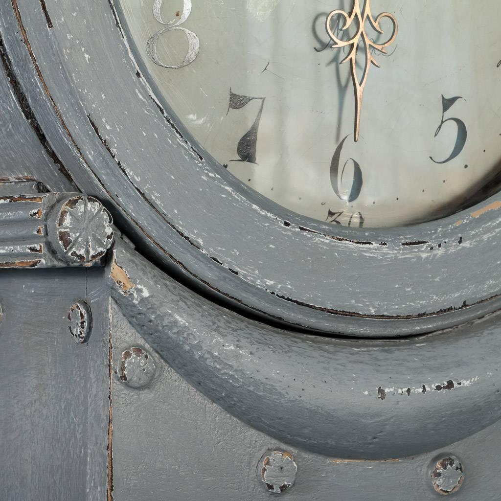 Painted Antique Swedish Gustavian Mora grandfather clock with distressed blue/gray paint