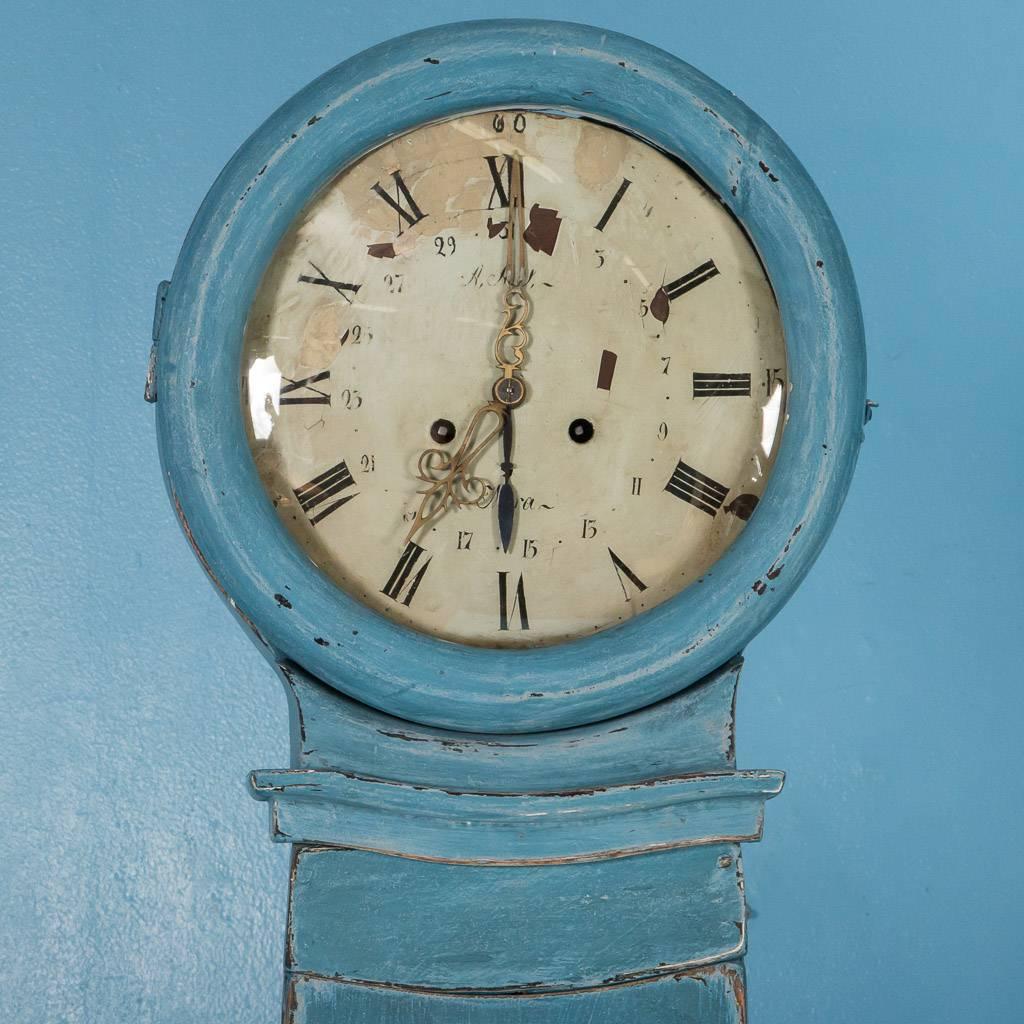 Antique 19th Century Blue Painted Swedish Mora Grandfather Clock 1