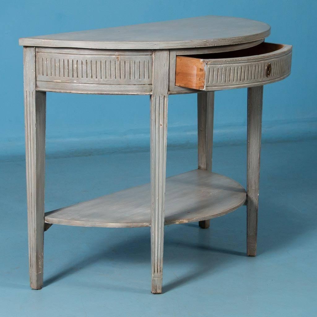 Antique 19th Century Swedish Gustavian Demilune Console Table Painted Gray In Good Condition In Round Top, TX