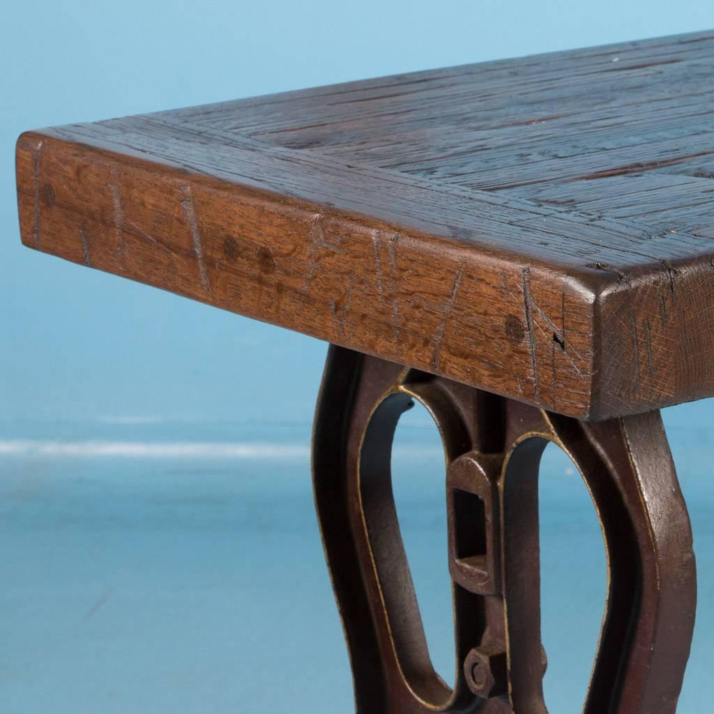 American Made Industrial Console Table with Reclaimed Oak Top and Cast Iron Legs 1