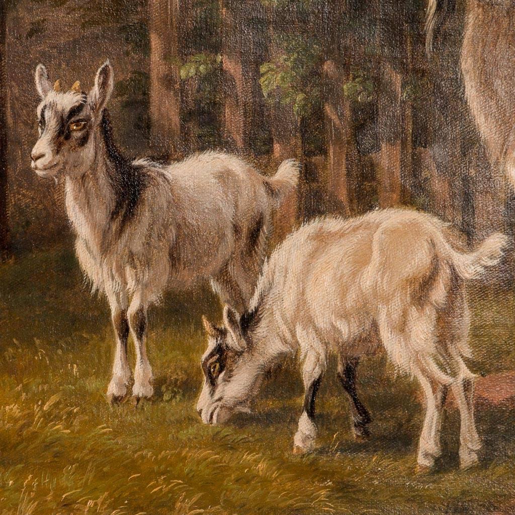 Antique Danish 19th century original oil painting of a barnyard scene with three goats, mounted in a giltwood frame. Signed and dated in the lower left, A.P. Madsen 1879. Please enlarge and examine close up photos to appreciate the details.

** In