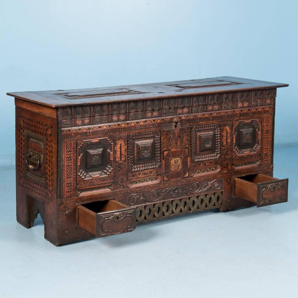 Antique 18th Century Danish Baroque Carved and Inlaid Marquetry Trunk In Good Condition In Round Top, TX