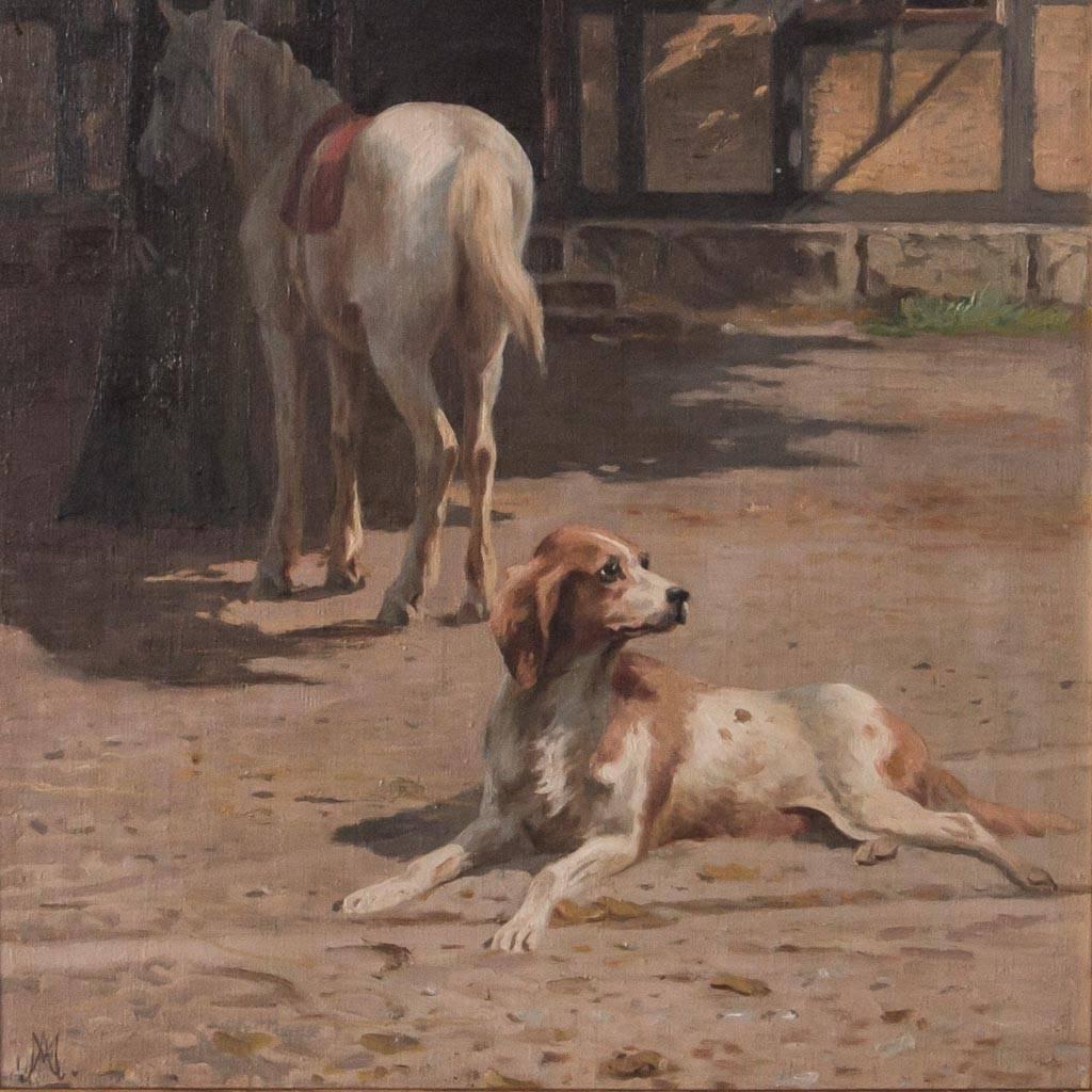 Antique original oil on canvas painting, circa 1875, of a farm hound/hunting dog with a horse tied and saddled in the background. Initialed in the lower left by the Danish artist Adolf Henrik Mackeprang and mounted in a giltwood frame.