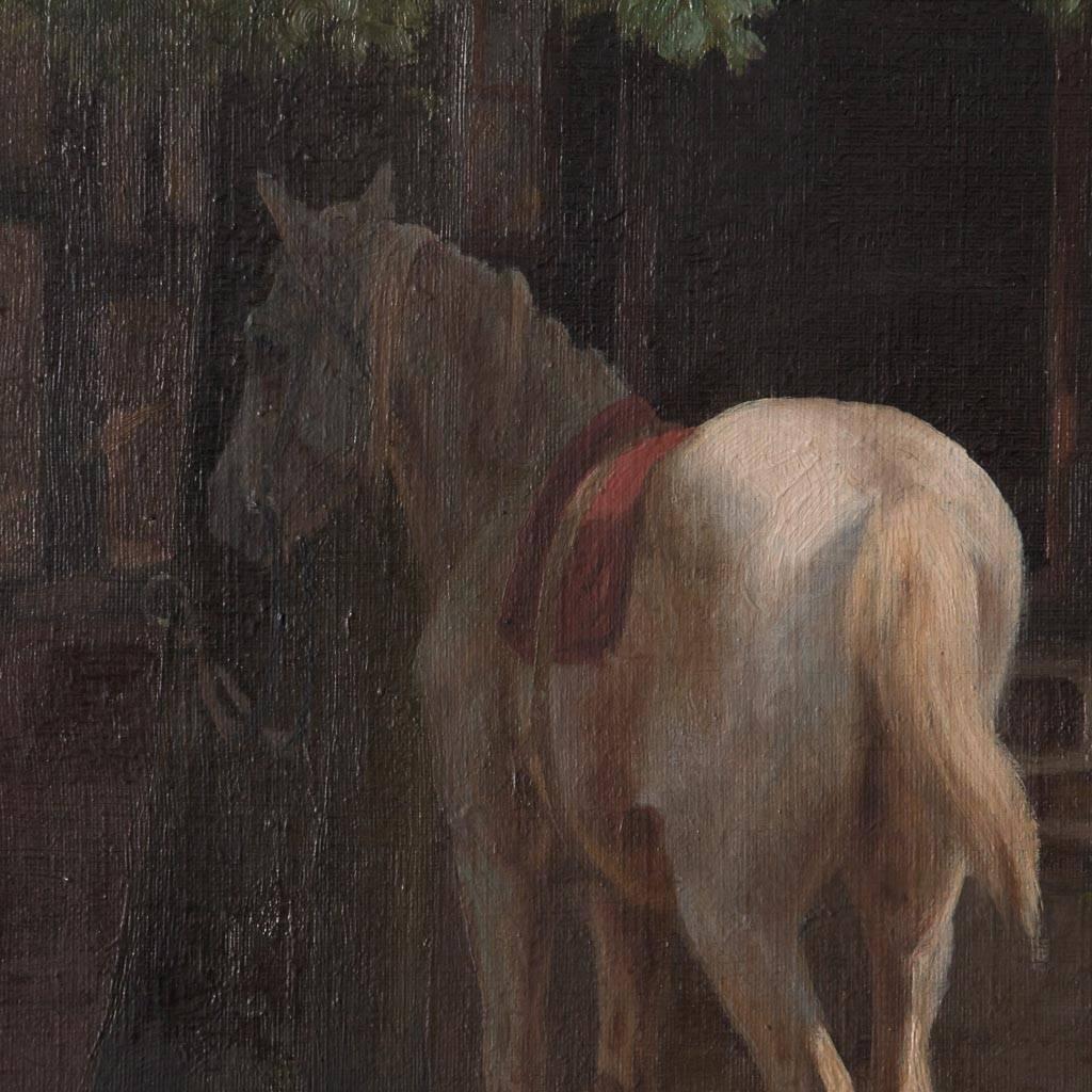 Antique 19th Century Original Danish Oil Painting of a Horse and Hunting Dog 1