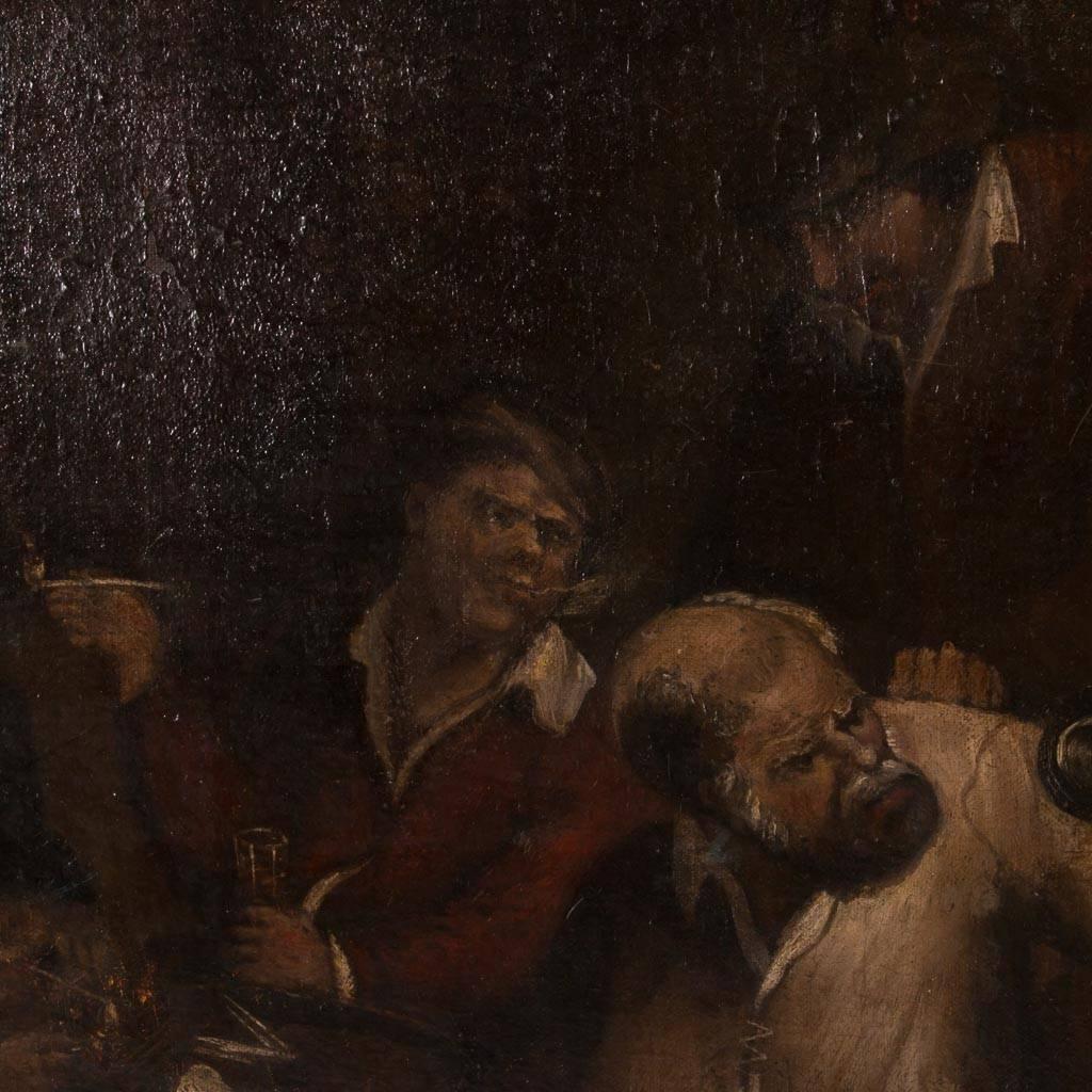 Antique 19th century, French oil on canvas painting, interior scene of 4 men drinking and smoking in a tavern. Mounted in an antique gold painted wood and plaster frame. Please enlarge and examine the photos close up to appreciate the details of the