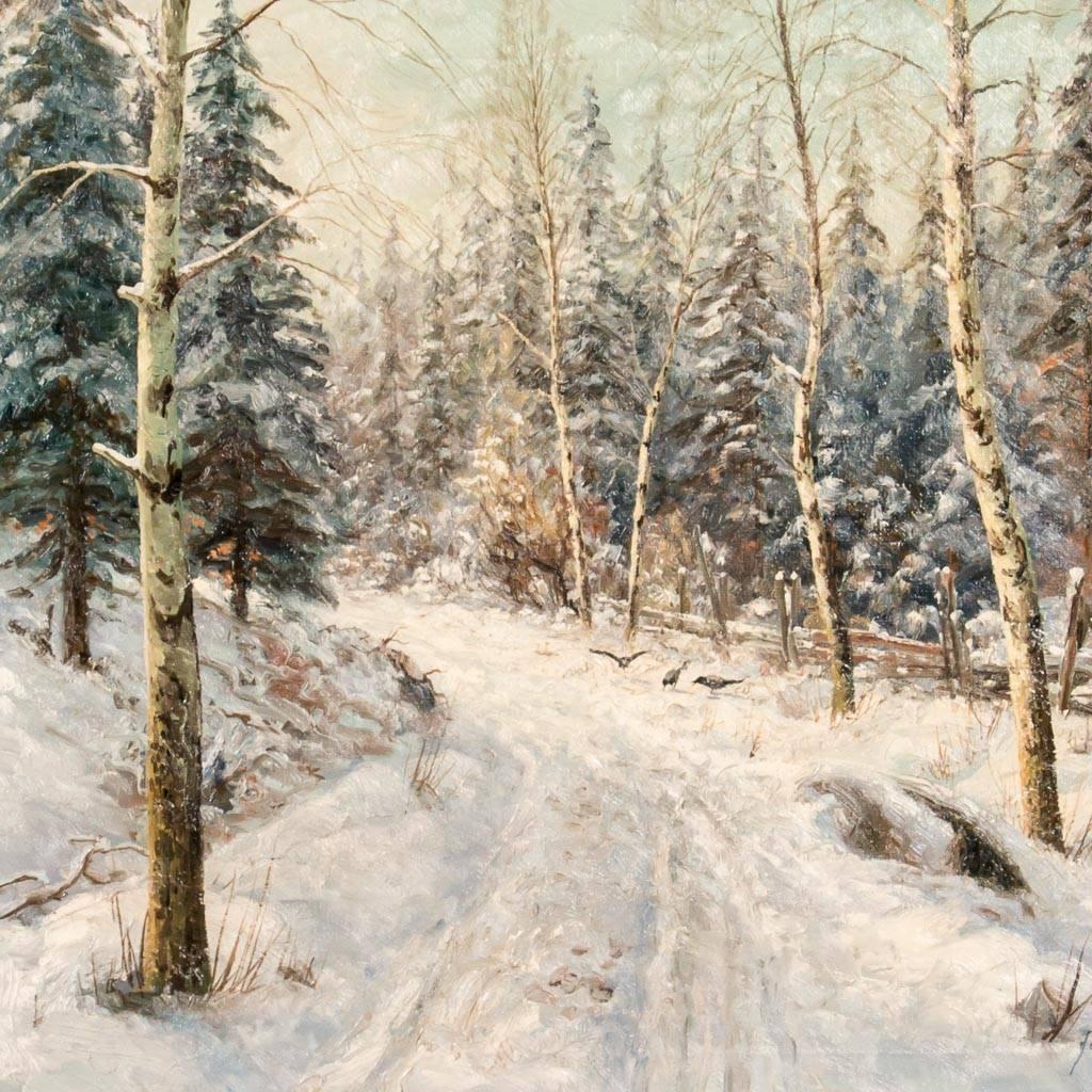 Original oil on canvas painting of a snow covered road in a forested winter landscape, with bright colors and exceptional details. Signed in the lower right, Jens Chr. Bennedsen (1893-1967) and mounted in a gilt wood frame. Please take a moment to