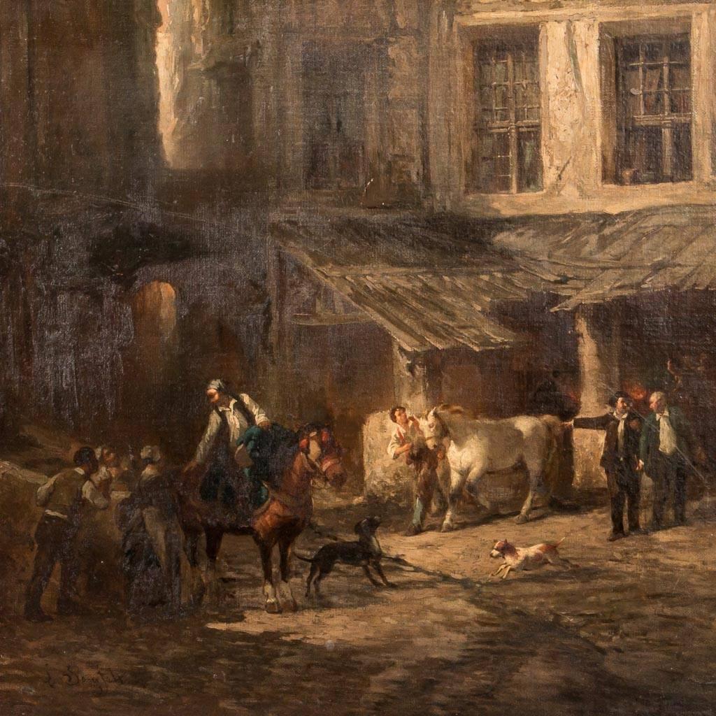 Antique oil painting from France, circa 1840, of a street scene with the village stabile. Signed in the lower left L. Sauerfelt (Leonard Sauerfelt 1840-) and mounted in a painted wood frame with a Paris framemaker's brand on the back. Please take a