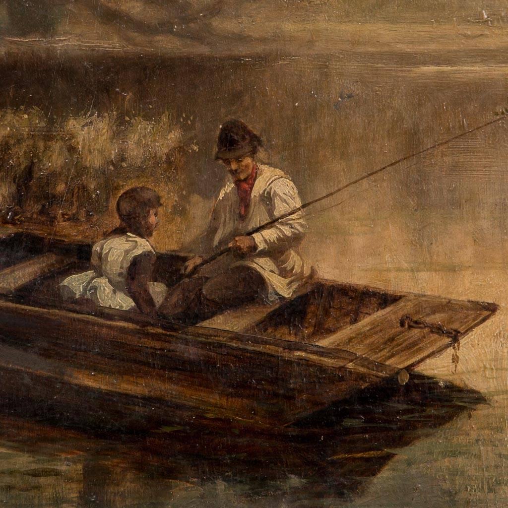 Antique original English oil on canvas painting of a father and daughter fishing from a boat on a pond or lake, circa 1880. The painting is unsigned and mounted in a period giltwood frame. Please take a moment to enlarge the photos and examine the