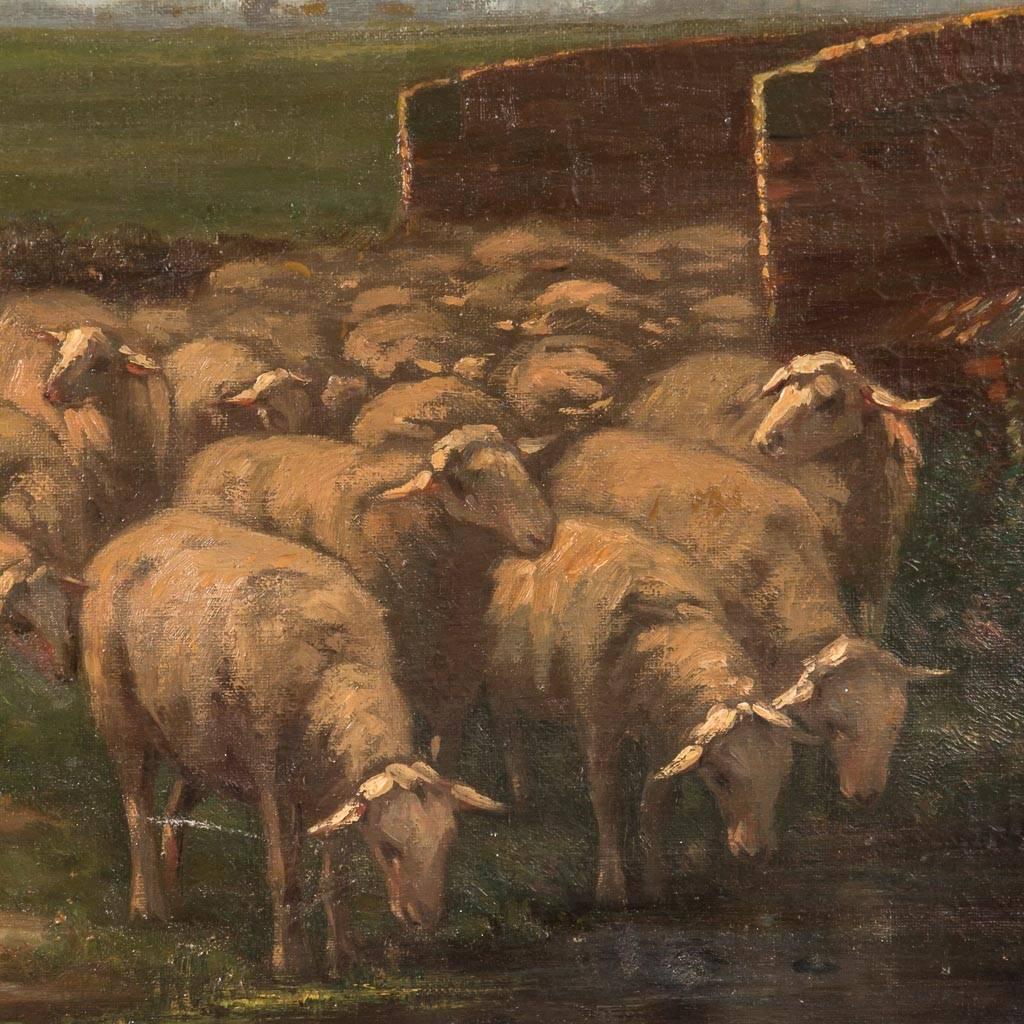 Large antique landscape oil on canvas painting of a young shepherd crossing a bridge with a flock of sheep. The painting is mounted in a gold painted frame and signed in the lower right, J. Meyer. Please take a moment to enlarge the photos and