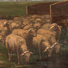 Antique 19th Century Oil Painting, Shepherd with Sheep Signed J. Meyer