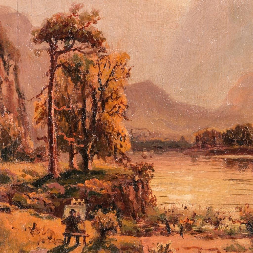 Antique landscape oil painting of an artist painting a couple on a lakeshore with mountains and castle in the background. Signed and dated in the lower right 
D. McLea 1911 and mounted in a gilt wood frame with a name plaque David McLea.  Please