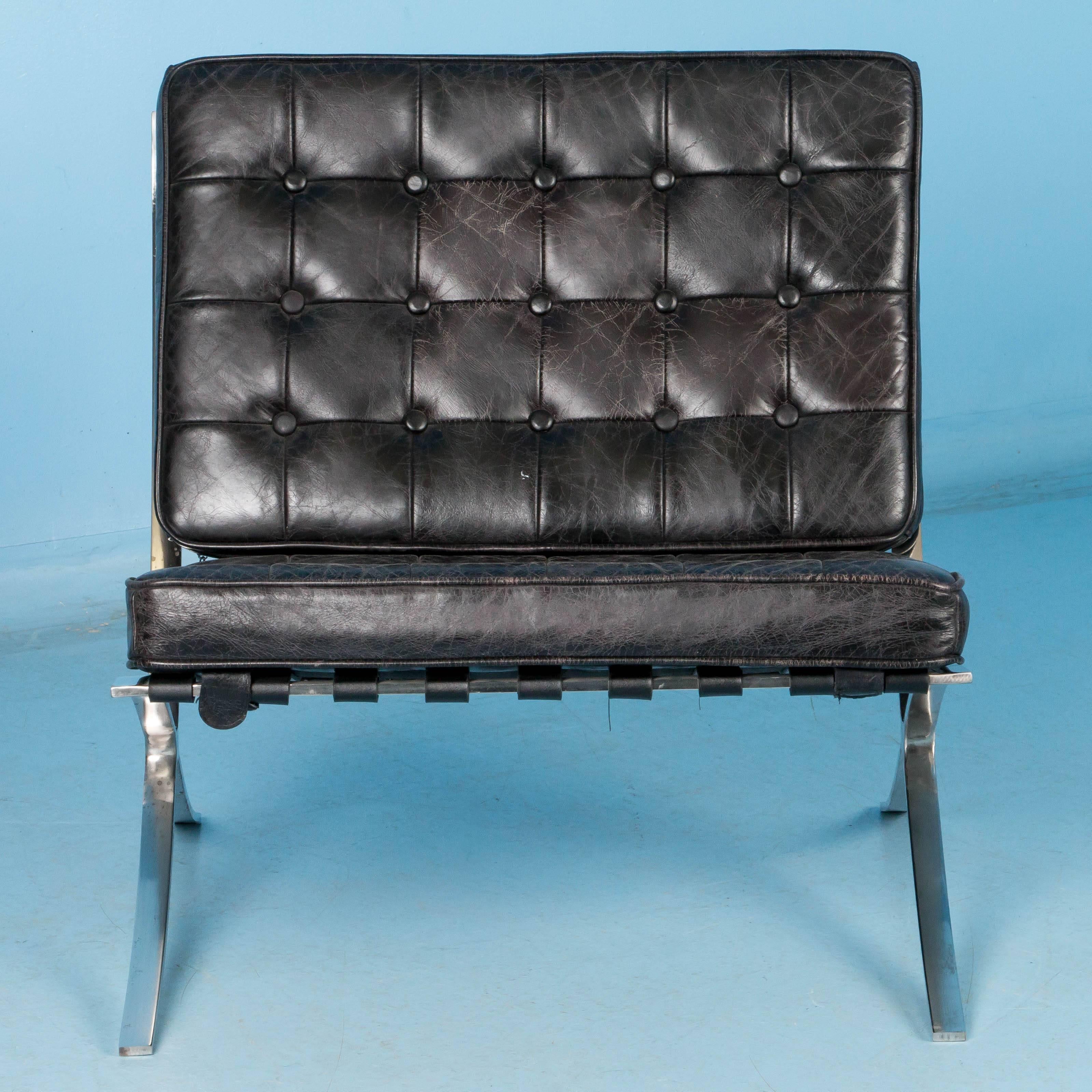 American Black Leather Barcelona Style Chair with Chrome Legs