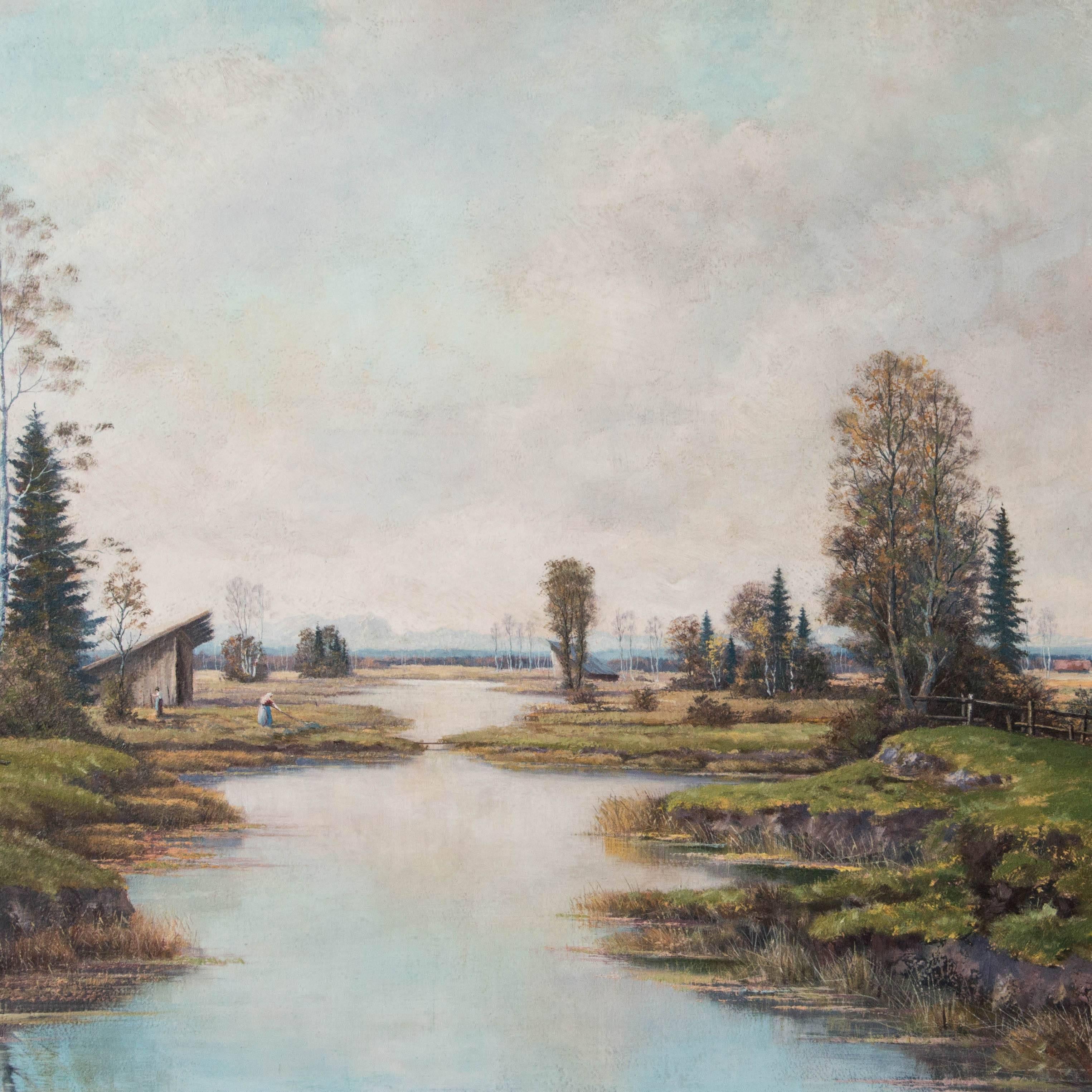 Allemand Peinture à l'huile allemande de paysage du début du XXe siècle signée, vintage et signée en vente