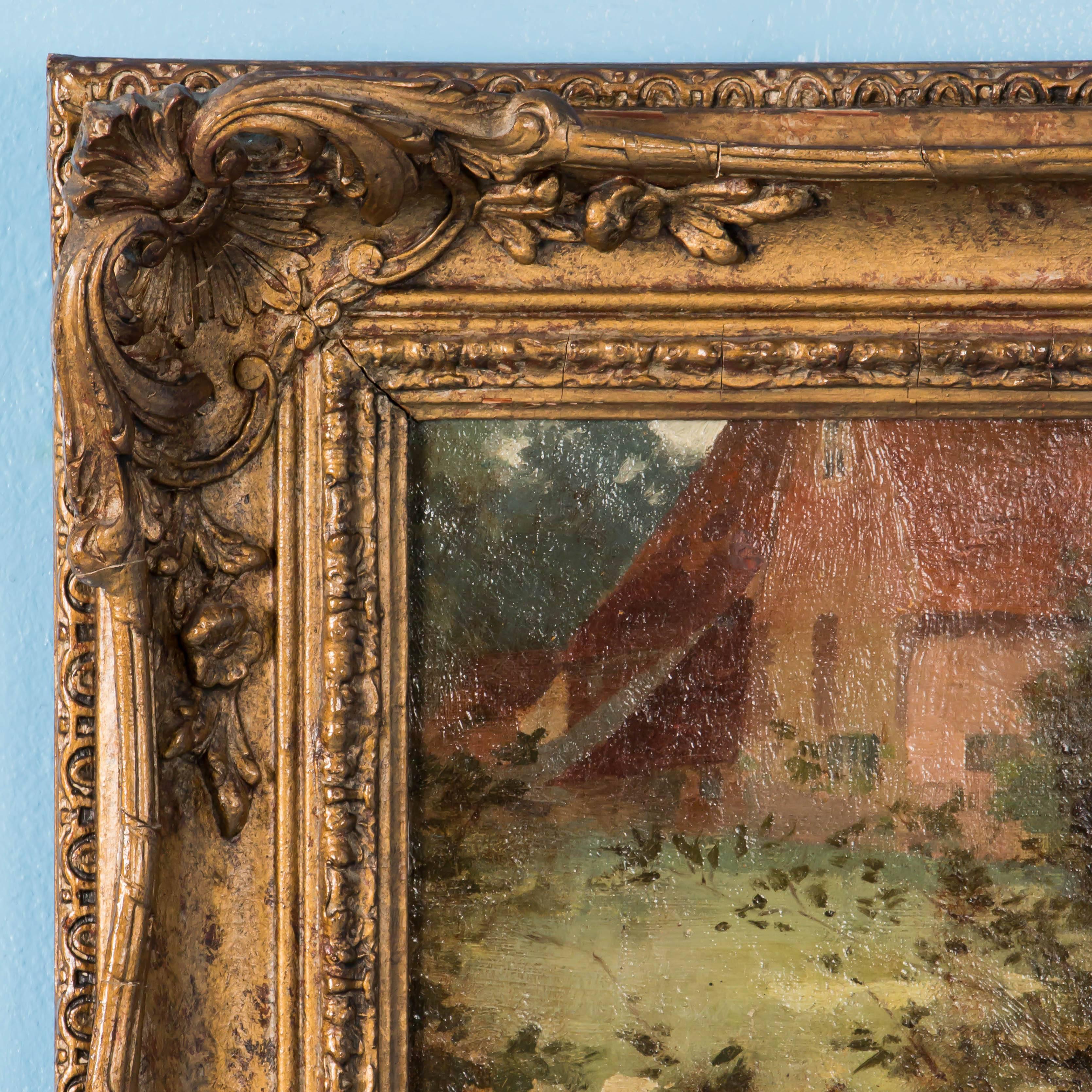 Original oil on canvas of four children playing in a country setting with a cottage in the background. Mounted in an ornate giltwood and gesso frame, the painting is signed Edwin Roberts in the lower left. Edwin Thomas Roberts (1840-1917) was a