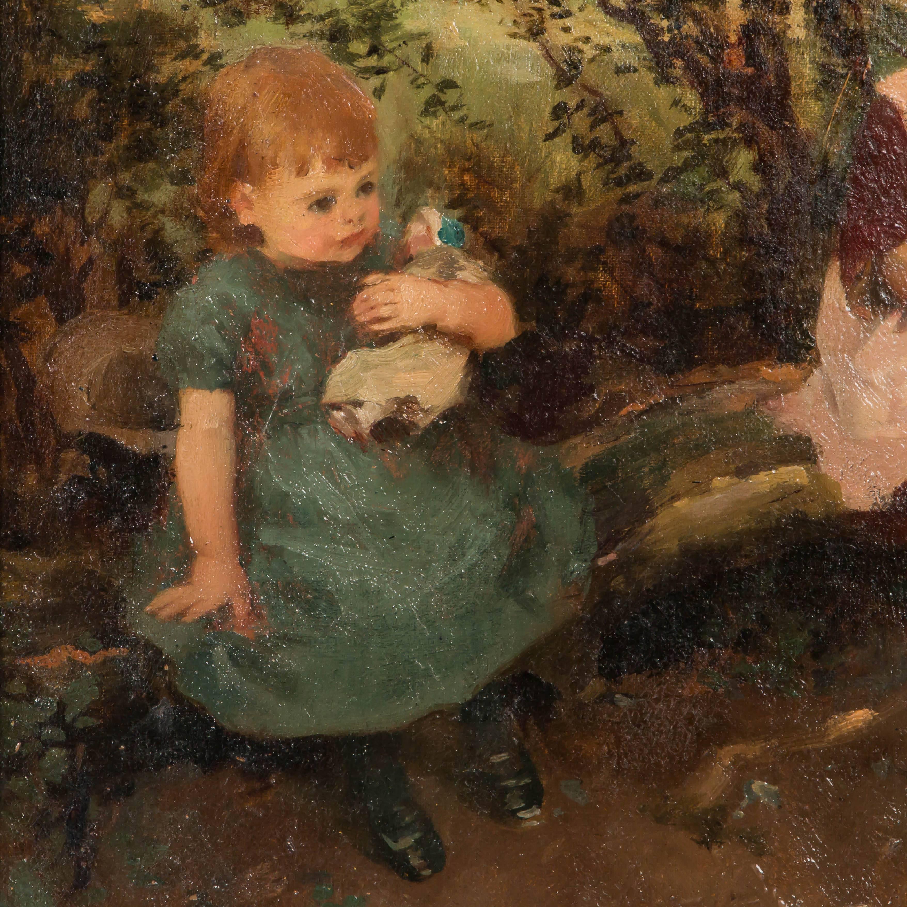 Antique 19th Century Oil Painting of Children Playing, Signed Edwin Roberts In Good Condition In Round Top, TX