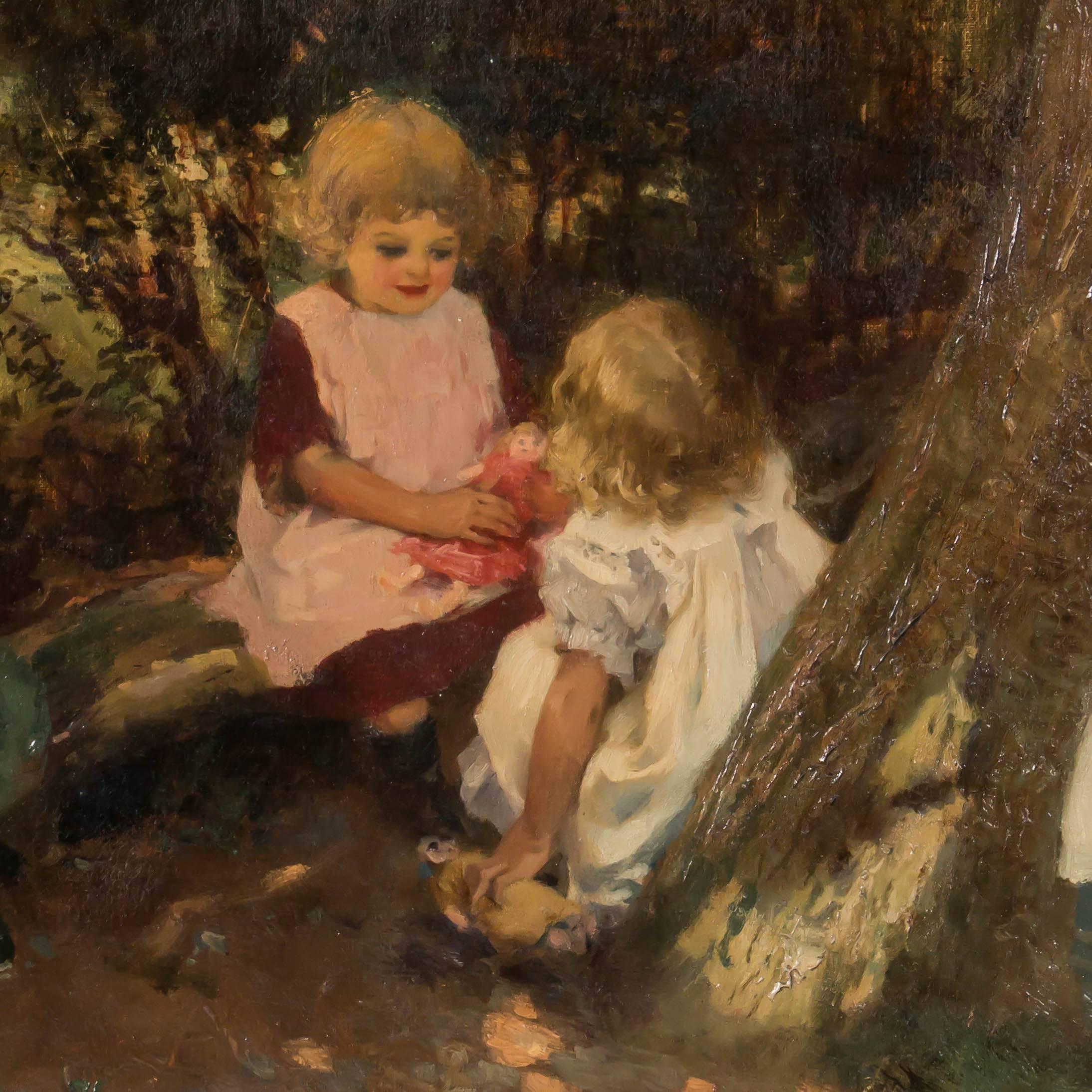 Antique 19th Century Oil Painting of Children Playing, Signed Edwin Roberts 1