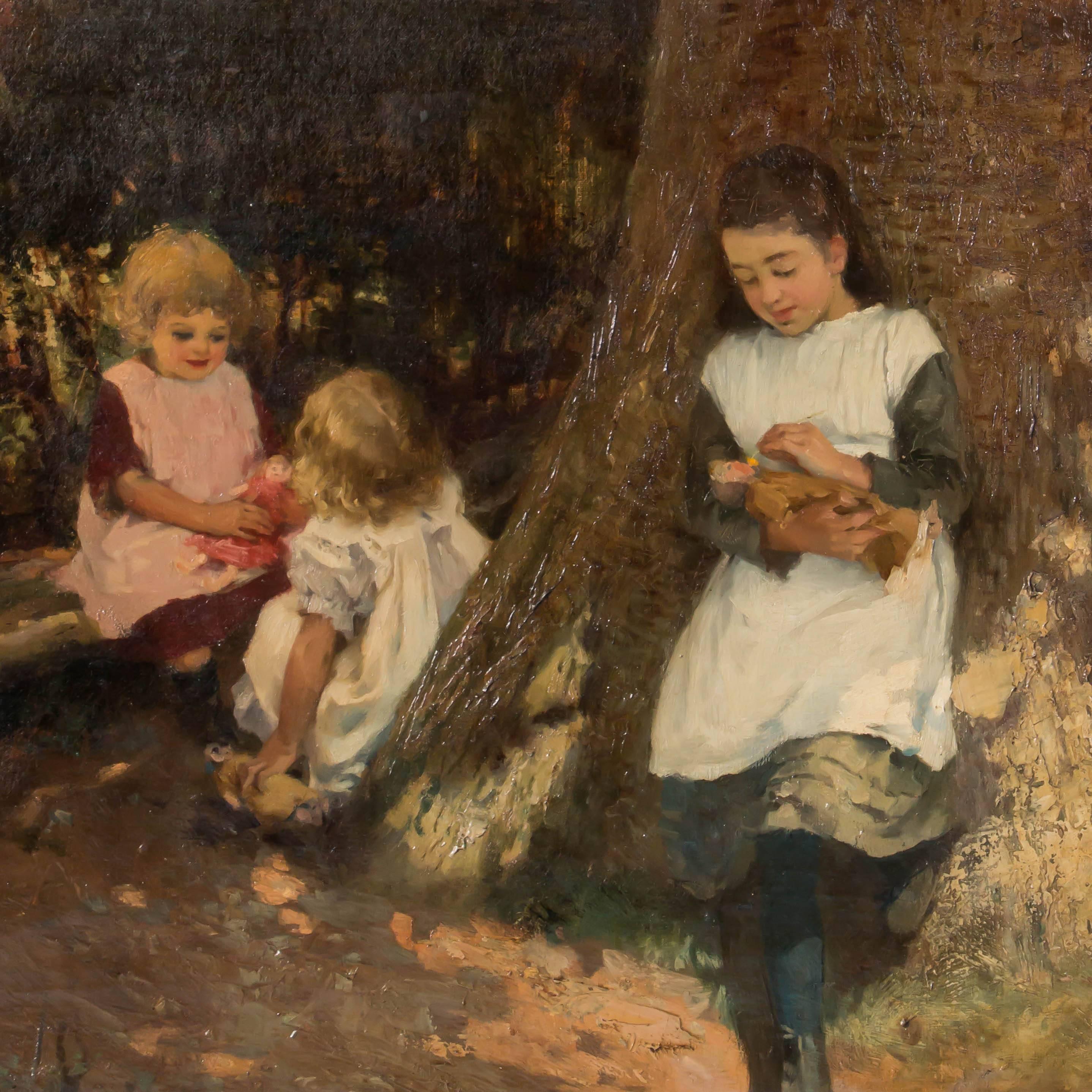 English Antique 19th Century Oil Painting of Children Playing, Signed Edwin Roberts