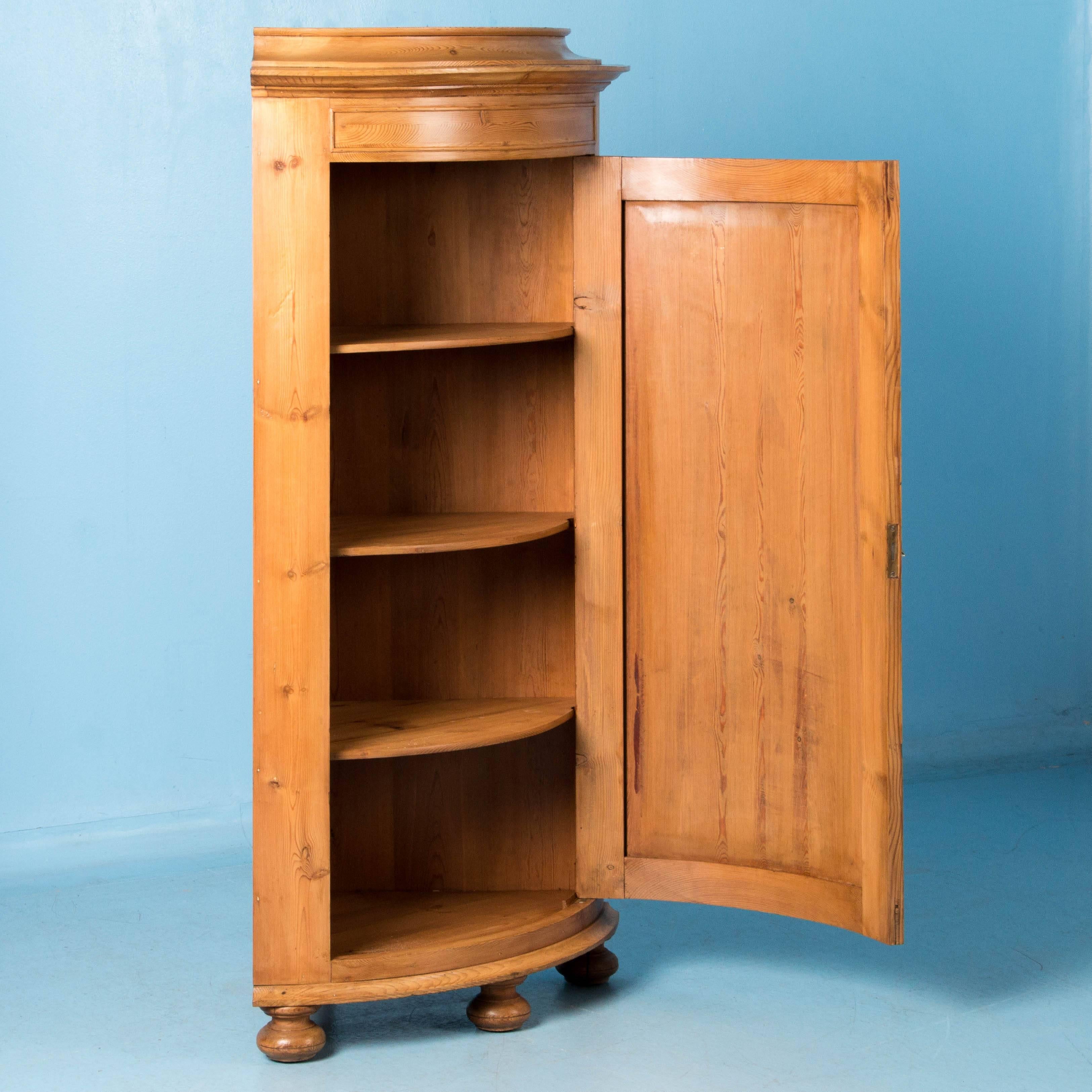 Bow front pine corner cabinet with three shelves inside featuring a single door, a large molded crown and bun feet. The cabinet has a satin wax finish which enhances the color and patina. Please take a moment to enlarge the photos and examine the