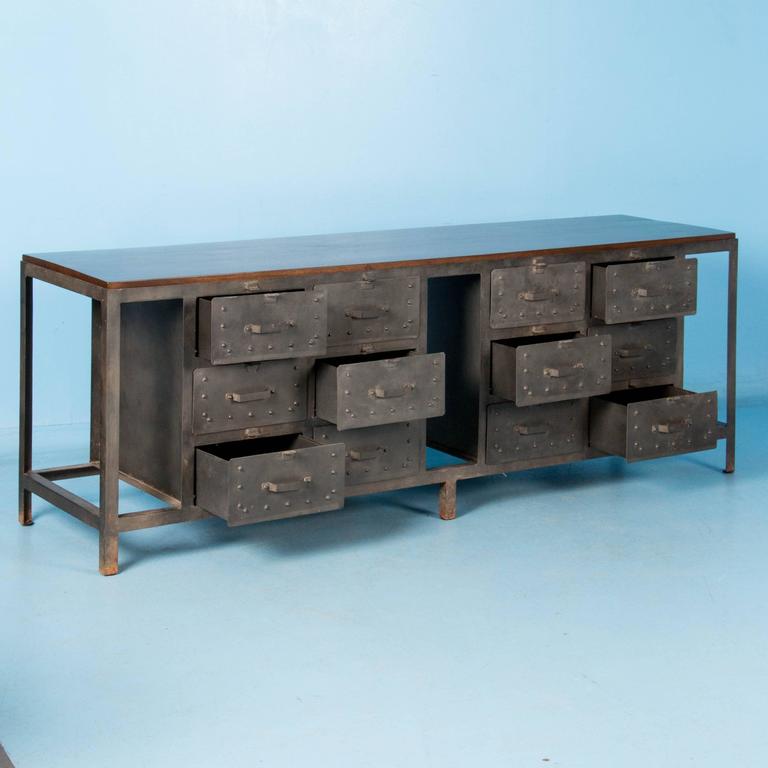 Industrial Looking MultiDrawer Metal Sideboard with Hardwood Top at