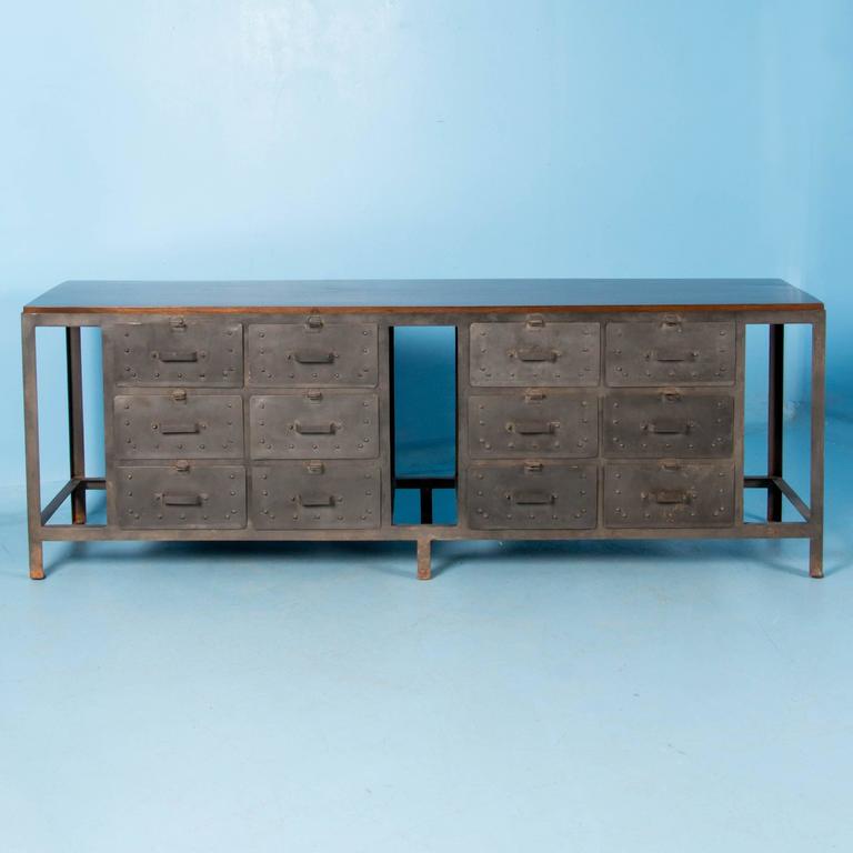 Industrial Looking MultiDrawer Metal Sideboard with Hardwood Top at