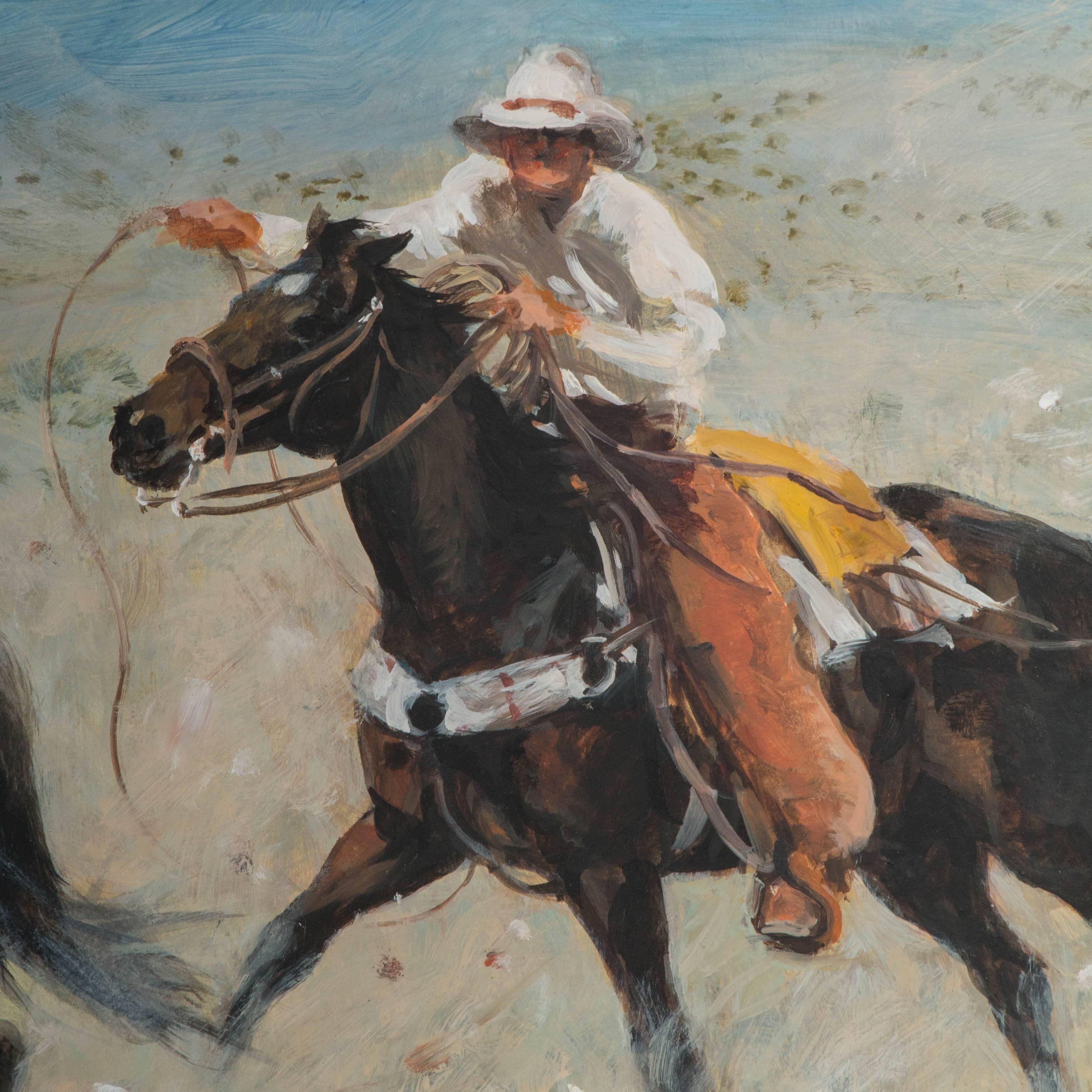 American Reginald Jones 20th Century Original Oil Painting of Cowboys Roping a Steer