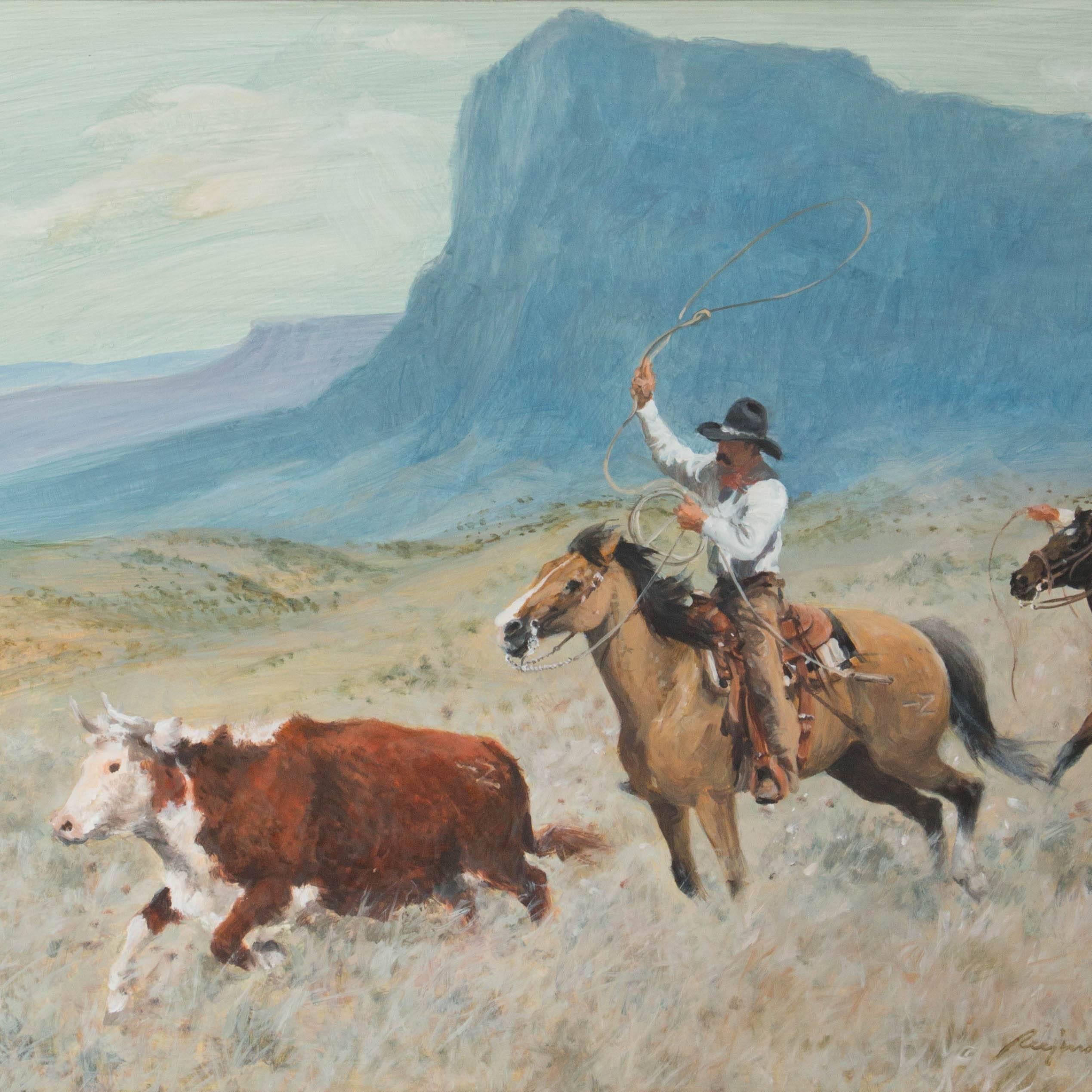 American 20th century oil on artist's board of a cowboy roping a stray steer in a distinctively south west landscape. The painting is signed in the lower right, Reginald Jones and mounted in a contemporary gold painted frame. Please take a moment to