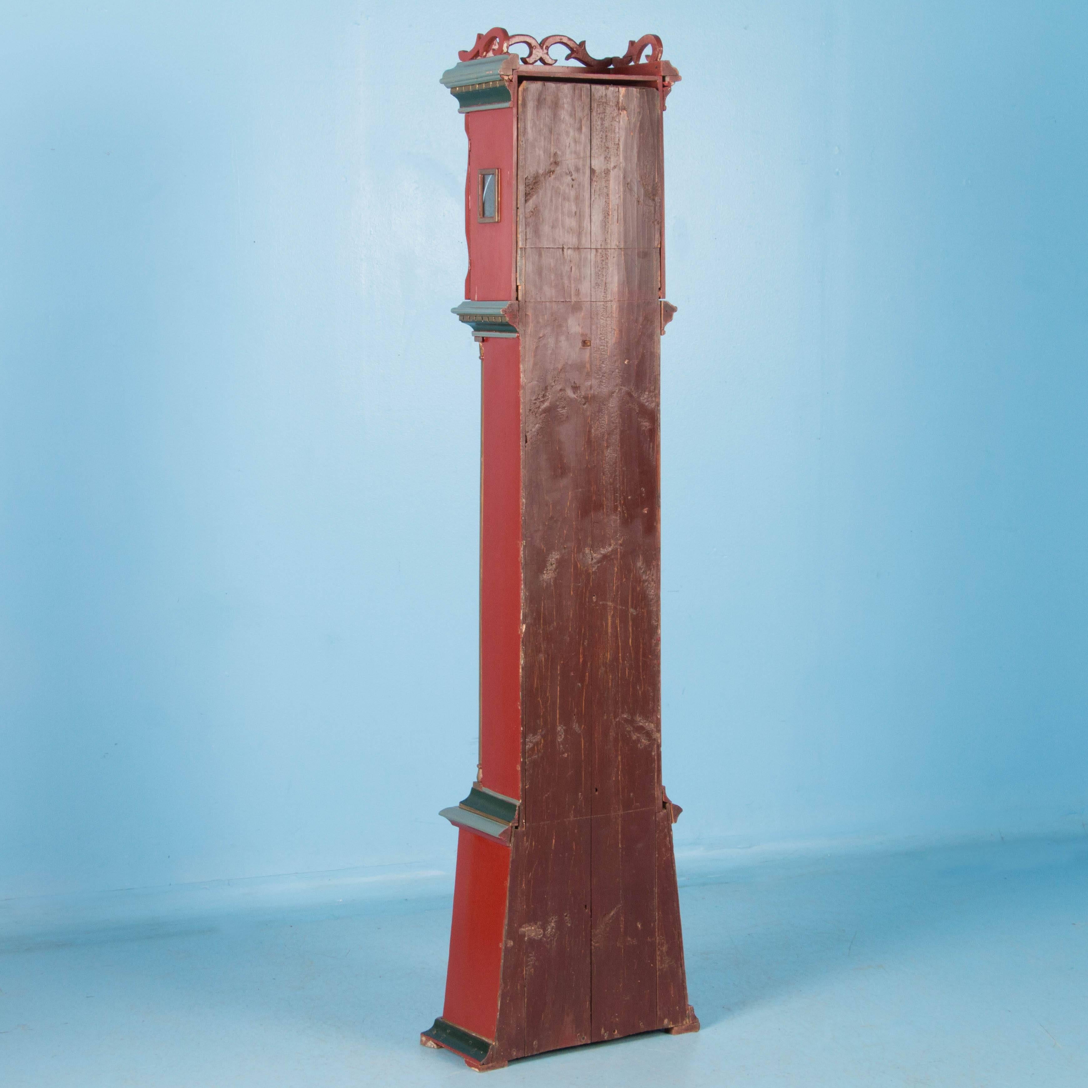 Antique 19th Century Danish Grandfather Tall Clock Painted Red In Good Condition In Round Top, TX
