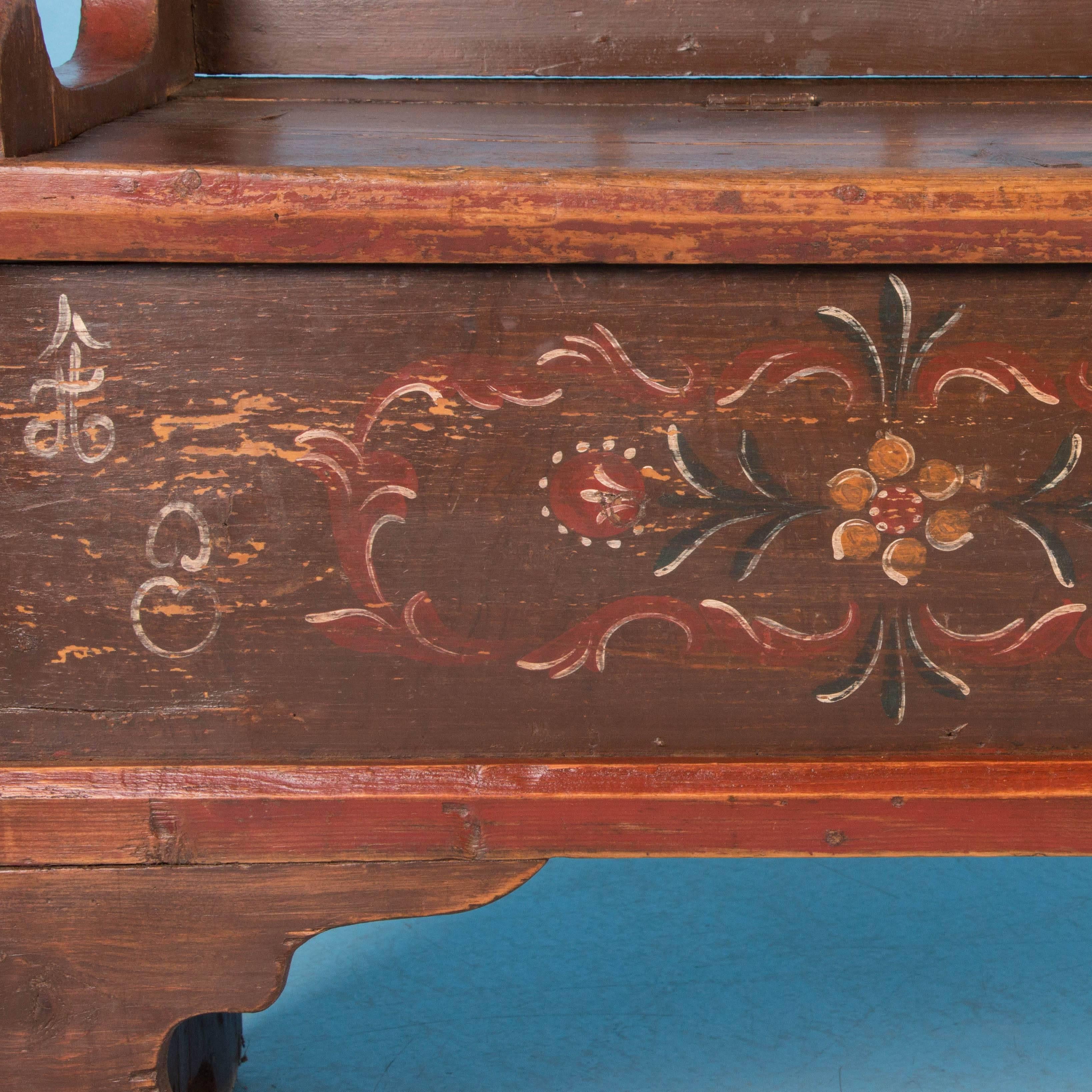 Antique 19th Century Hungarian Storage Bench with Original Folk Art Paint 4