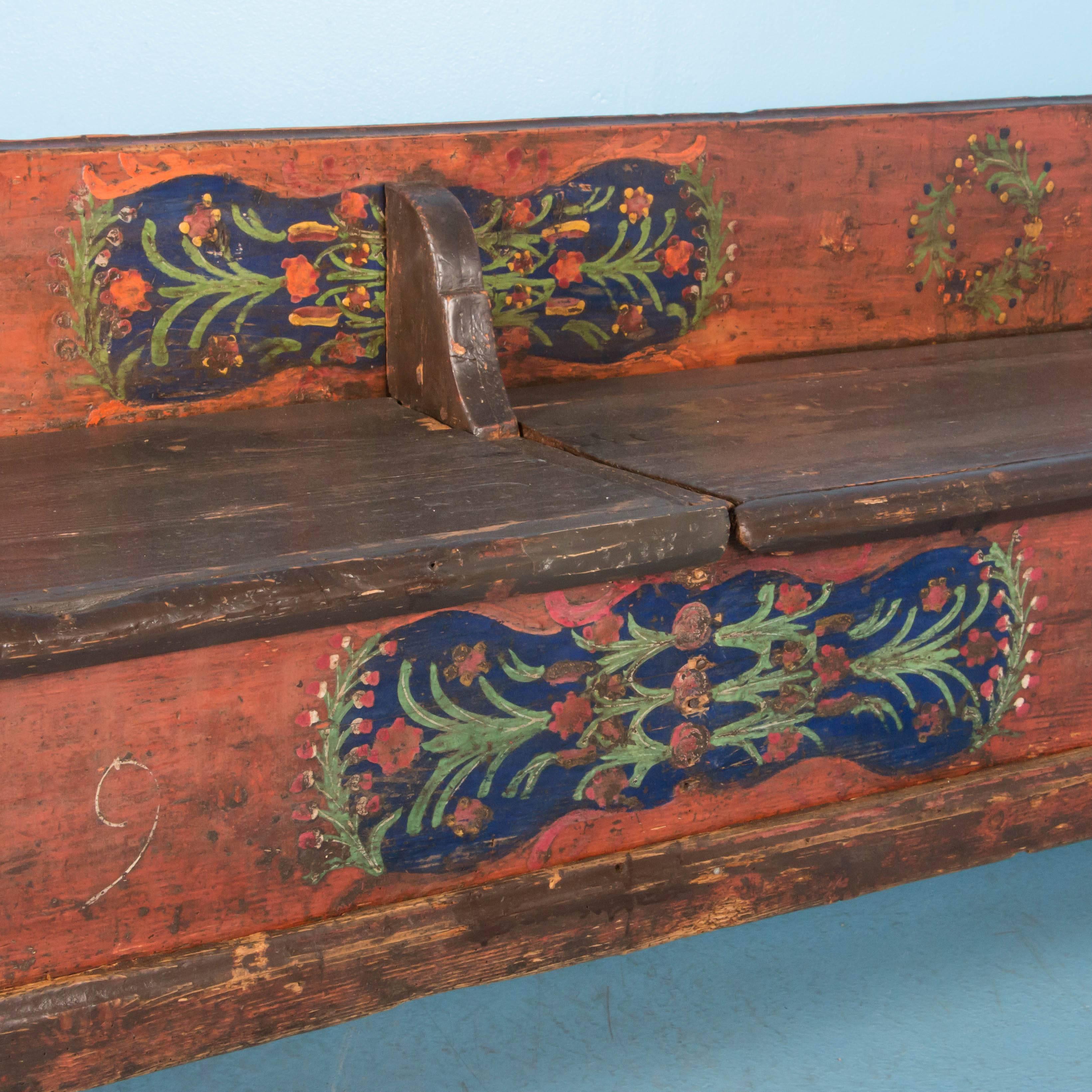 Long Early 20th Century Romanian Storage Bench with Original Folk Art Paint 4