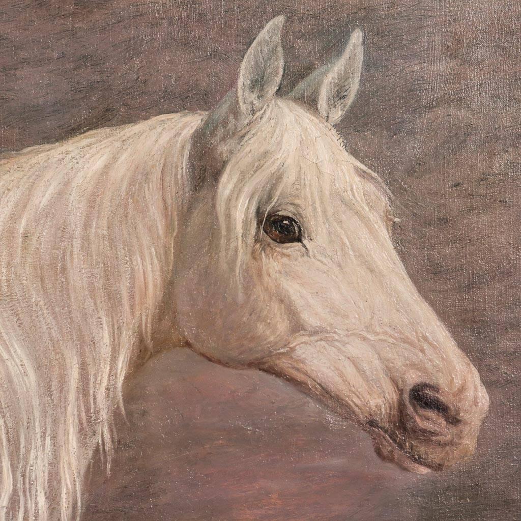 This oil on canvas study of the horse's head and neck is illegibly signed in the lower right and mounted in a hardwood frame painted black. The engraved silver plaque has the name Helene Witt and the date of 1935. Please take a moment to enlarge the