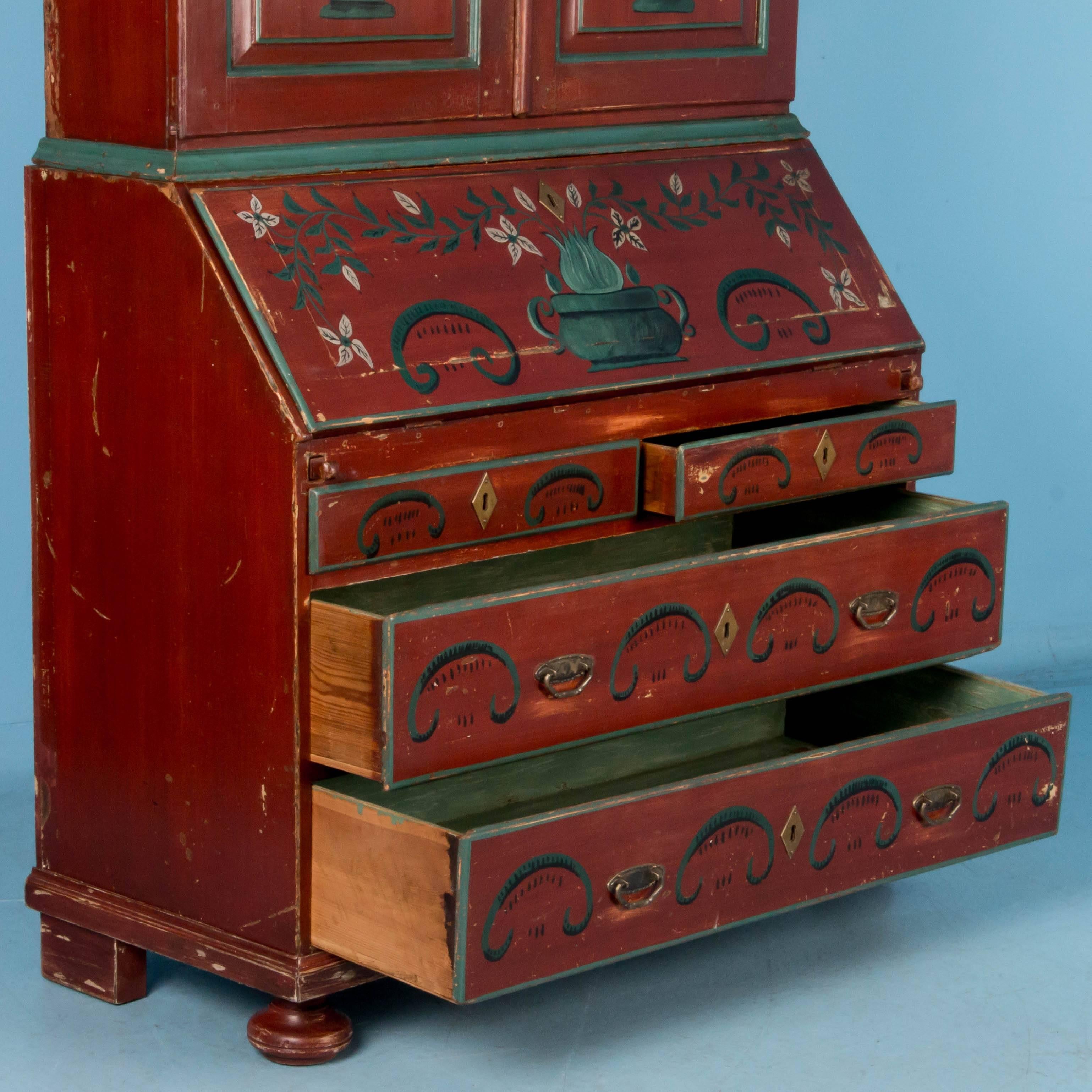 Antique 19th Century Swedish Secretary Bureau Desk with Original Red Paint 1