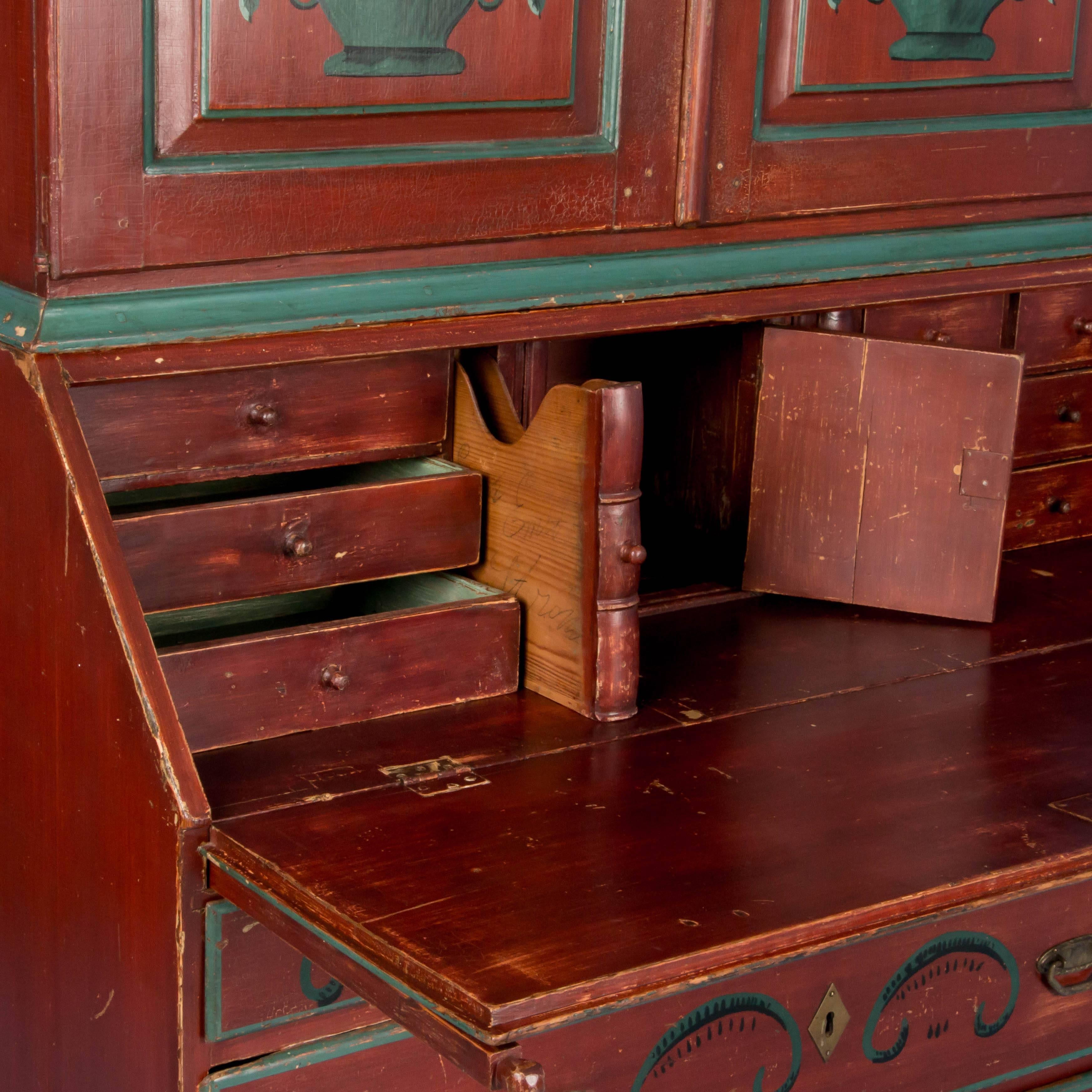 Antique 19th Century Swedish Secretary Bureau Desk with Original Red Paint 4