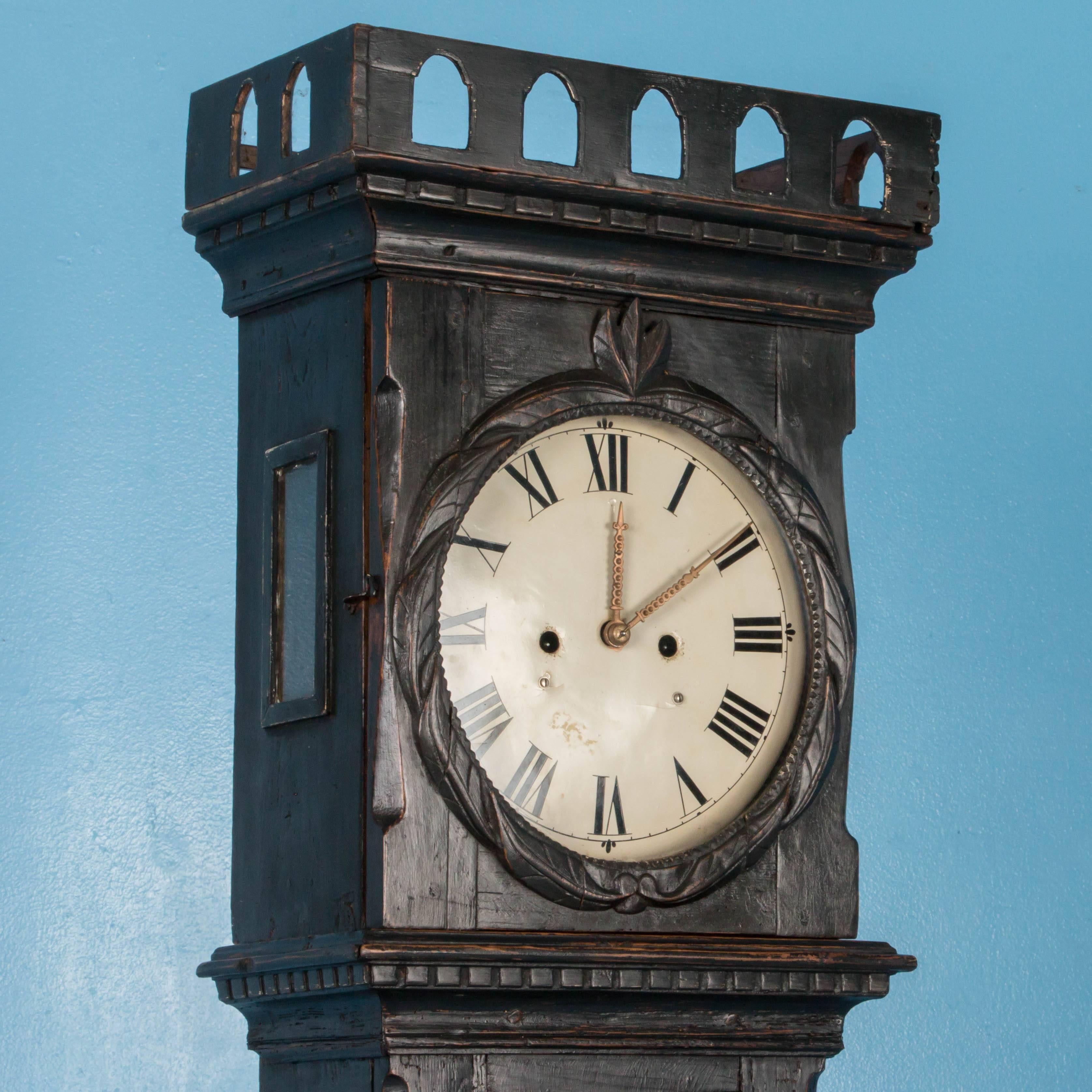 Antique 19th Century Danish Grandfather Clock Painted Black In Good Condition In Round Top, TX