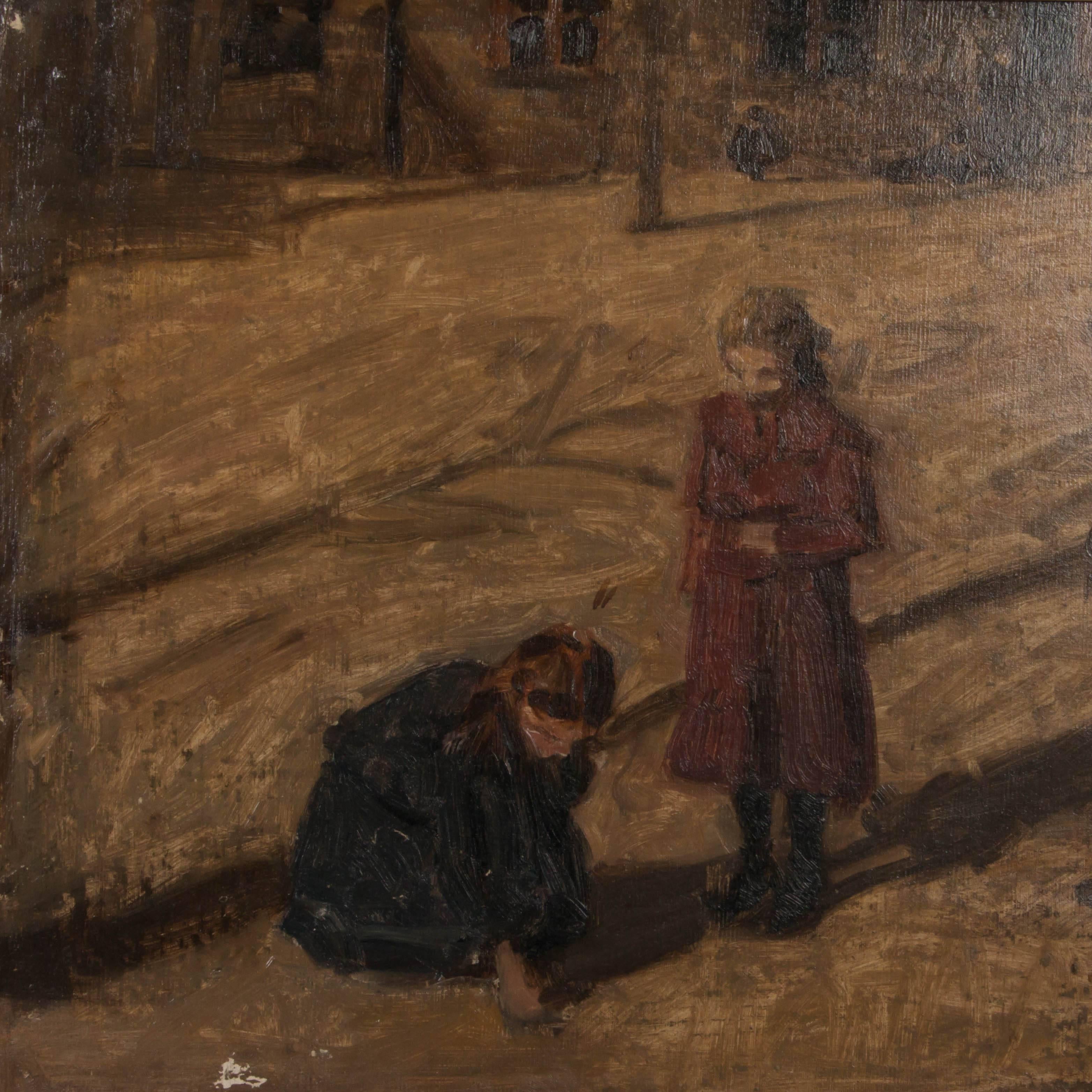Impressionist painting of children playing in a yard dressed for the cold and standing among the long shadows of bare tree branches. The canvas is initialed in the lower right with the letters JB and a name plaque is mounted to the giltwood frame