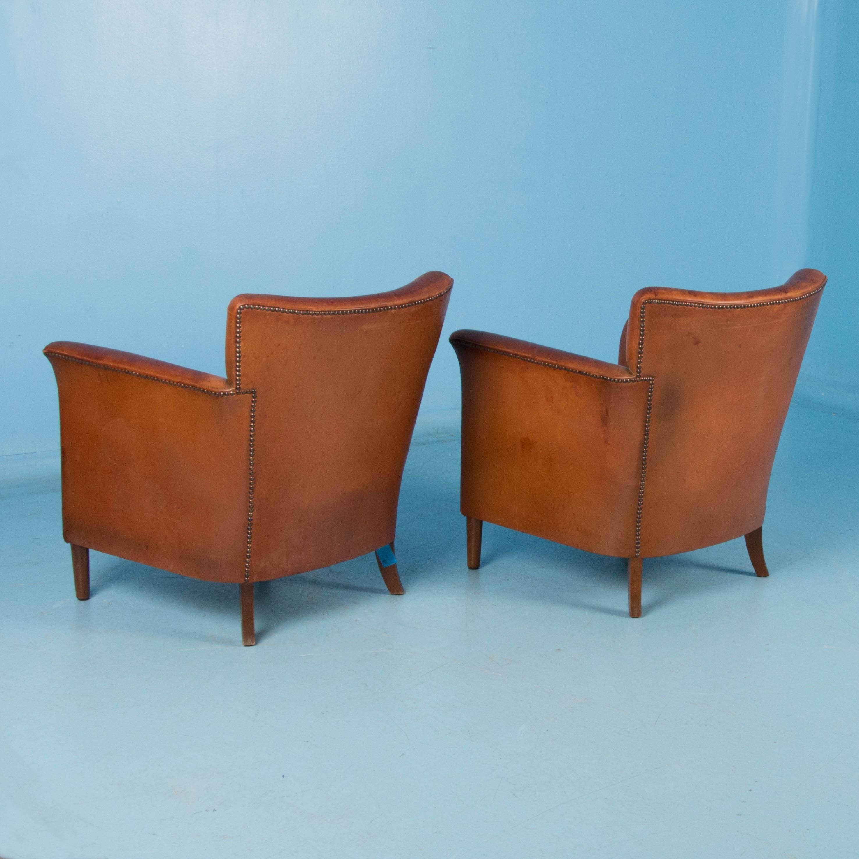 Pair of Vintage Danish Leather Club Chairs with Cushion Seats In Good Condition In Round Top, TX